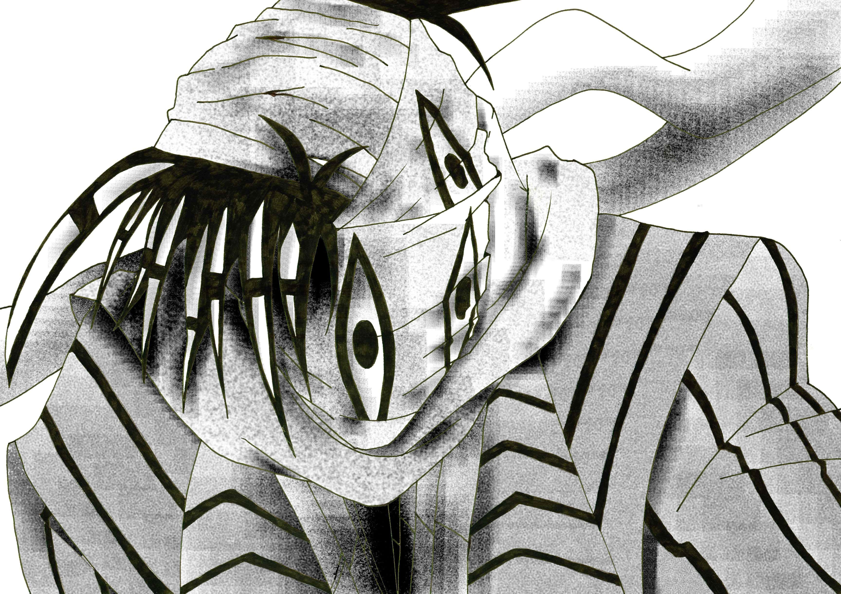 《Soul Eater》Asura 白黑布料遮面頭像 壁紙 — 一個帶有尖銳牙齒和繃帶臉的威脅性動漫角色，在高對比度的黑白插圖中強烈凝視。
