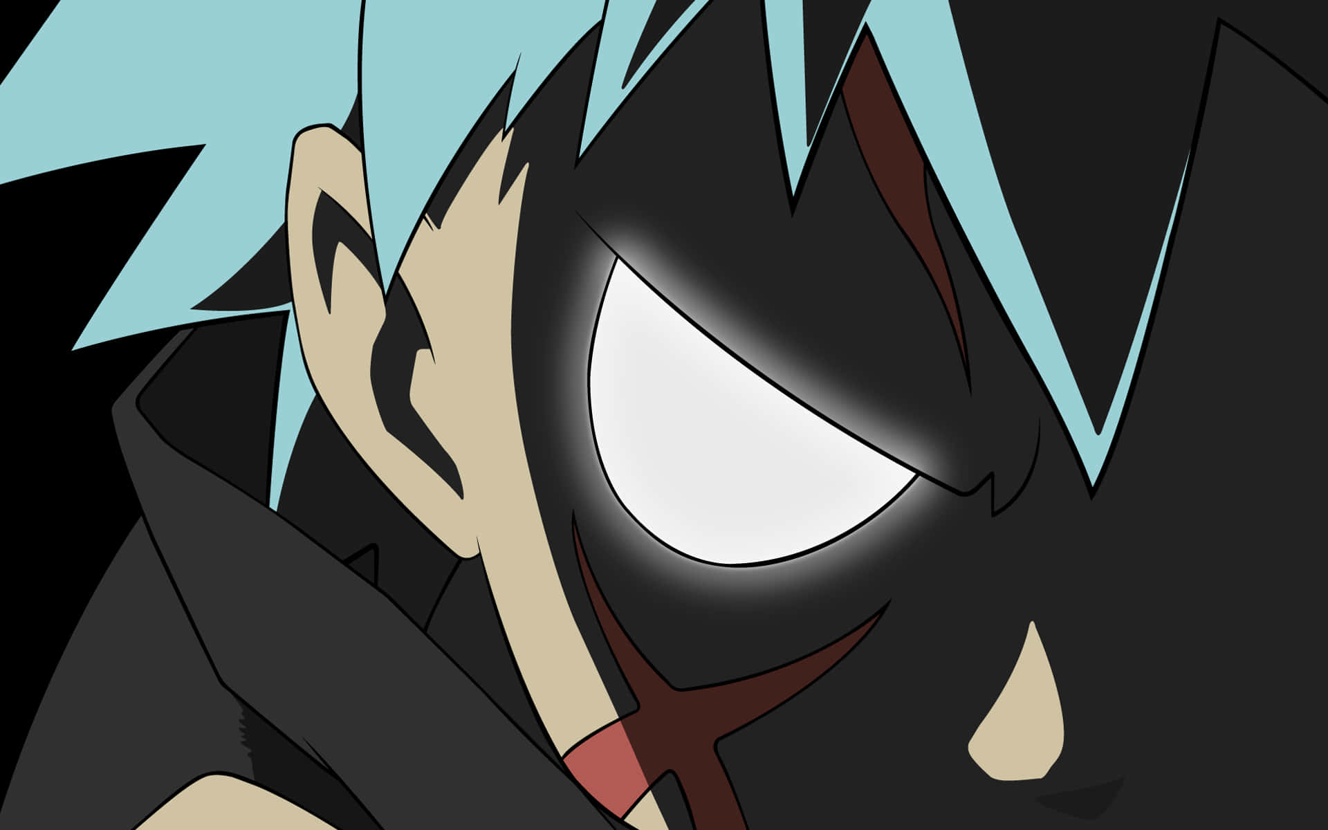 《Soul Eater》Black Star 邪惡雙眼頭像 壁紙 — 近距離拍攝一個動漫角色，擁有尖刺的青色頭髮和發光的白色眼睛，處於黑暗環境中。