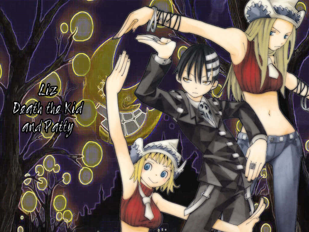 Soul Eater Death the Kid 頭像 壁紙 — 三個動漫角色在深紫色森林背景下，伴隨著發光的黃色球體，動態地擺出姿勢。