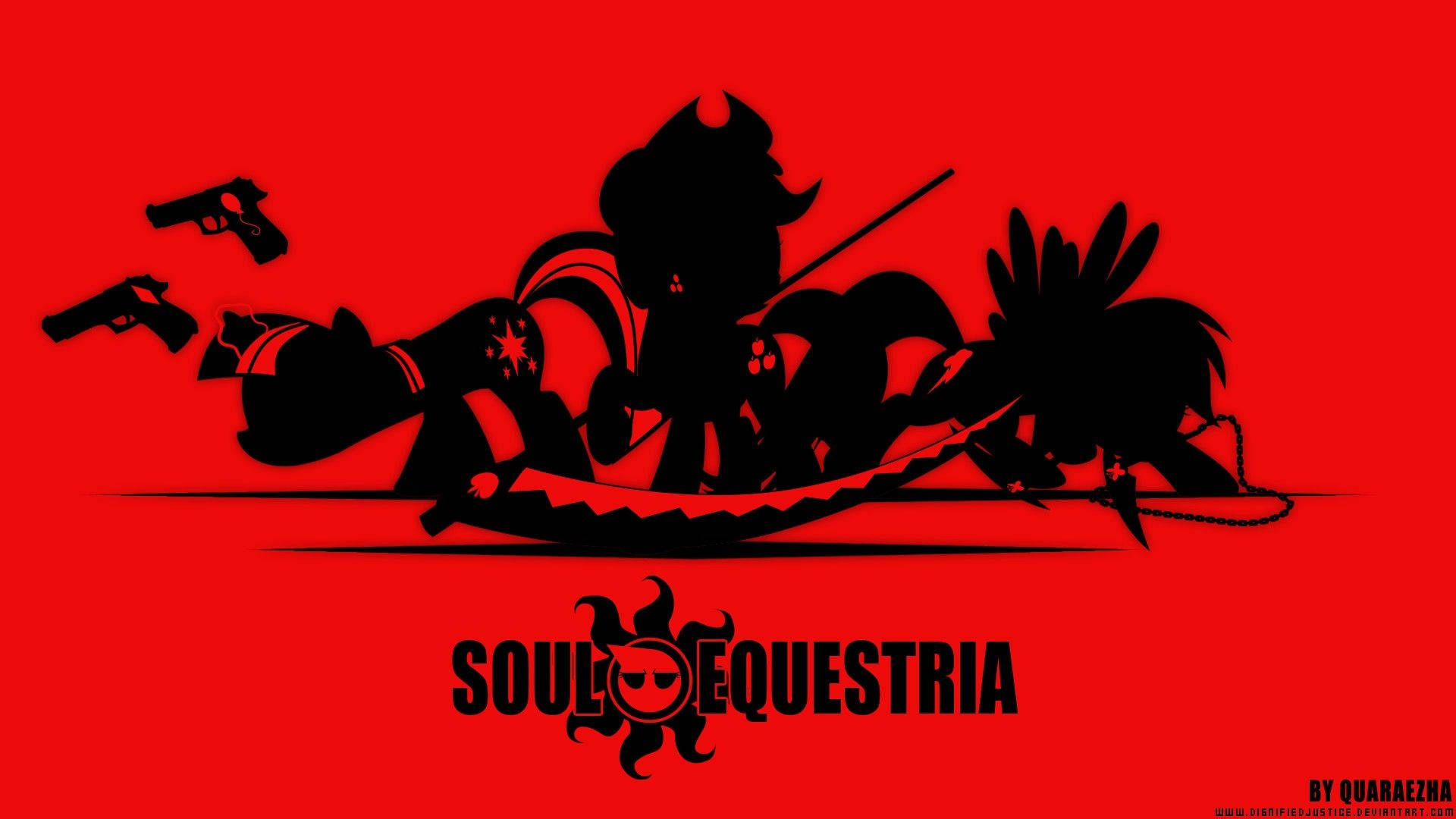 黑色剪影角色手持武器，紅色背景，帶有 Soul Equestria 文字。