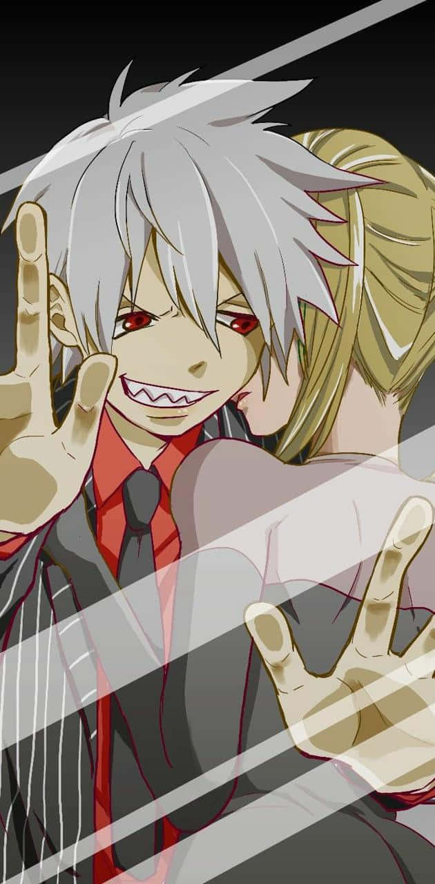 Soul Eater Evans 貼窗調情頭像 壁紙 — 一個動漫角色擁有尖刺白髮和紅眼睛，比出和平手勢，另一個金髮角色從後面靠近。