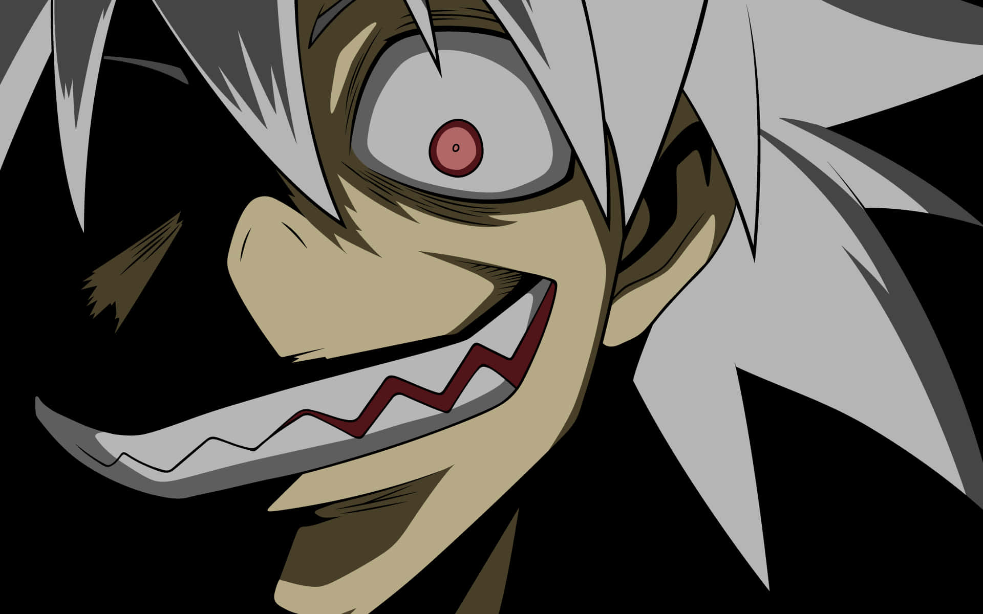 Soul Eater Evans 驚悚頭像 壁紙 — 動漫角色特寫，白色尖刺頭髮，咧嘴露出鋸齒狀牙齒，黑色背景。