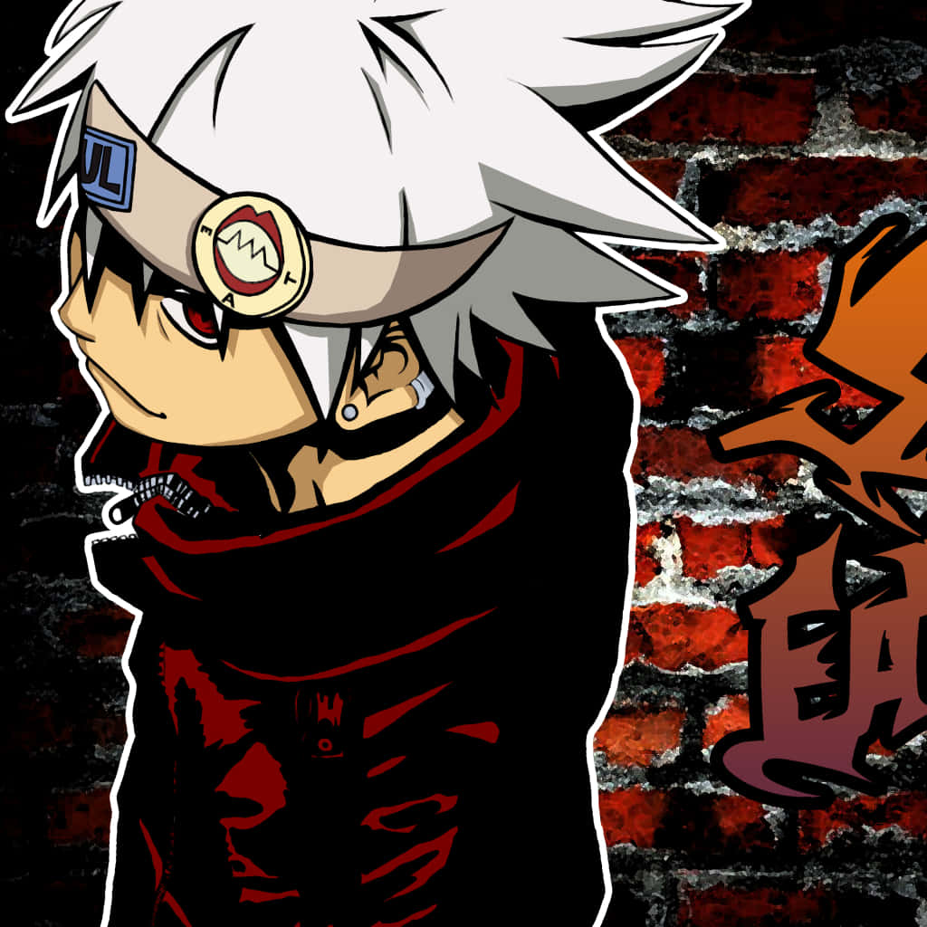 Soul Eater Evans 紅外套磚牆頭像 壁紙 — 一個風格化的動漫角色，白髮紅眼，站在佈滿塗鴉的磚牆前。