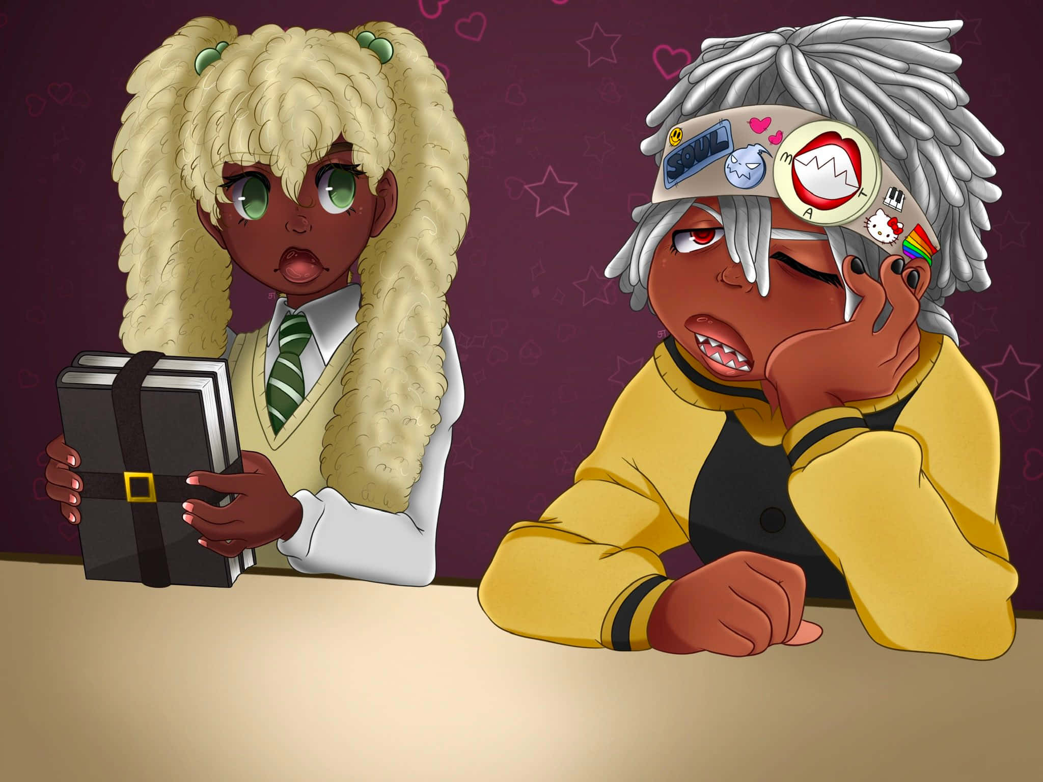 Soul Eater Evans 重構頭像 壁紙 — 兩個動漫角色坐在桌子旁，一個拿著書看起來很驚訝，而另一個頭髮凌亂、貼著貼紙看起來很無聊。