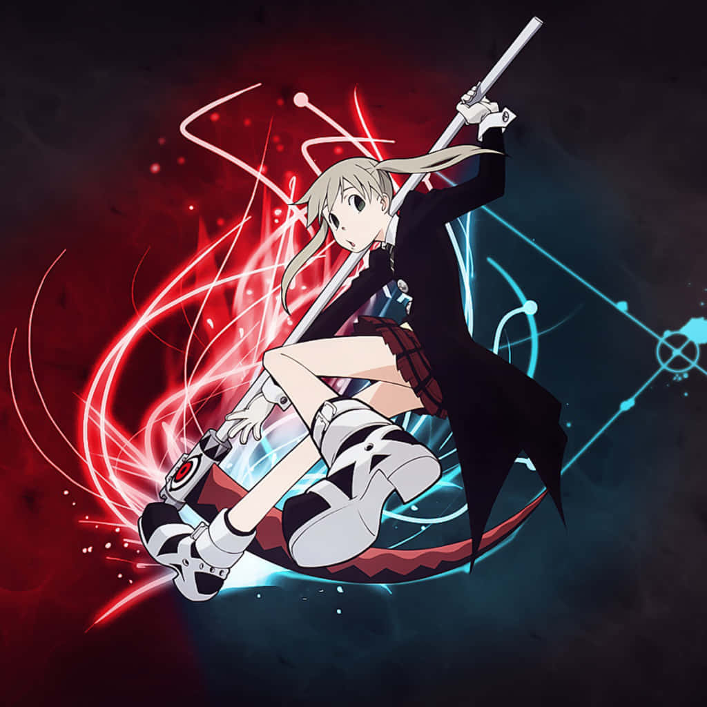 《Soul Eater》Maka Albarn 霓虹燈背景頭像 壁紙 — 金髮動漫女孩在黑暗背景中揮舞著一把發光的劍，周圍環繞著紅色和藍色的能量條紋。