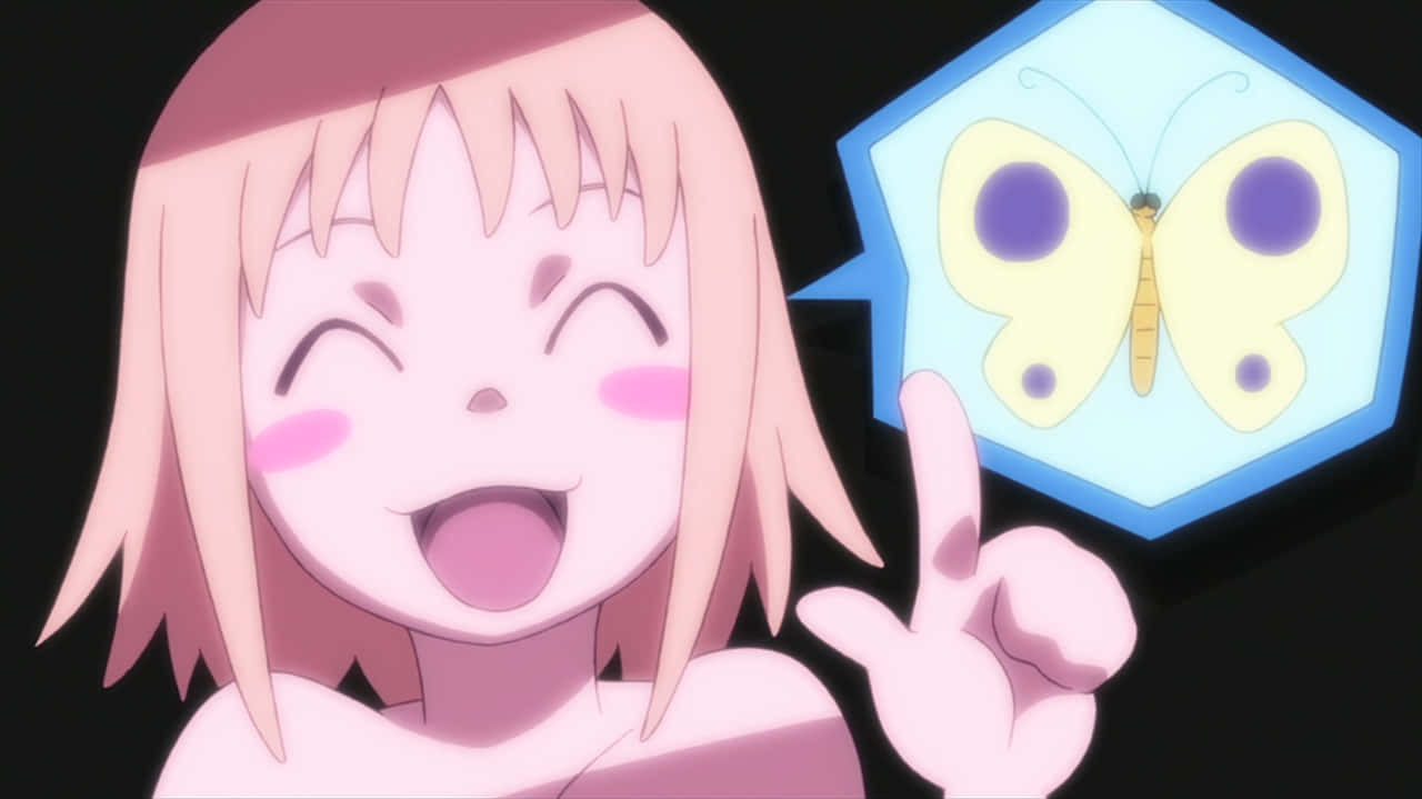 Soul Eater Patricia Thompson 蝴蝶頭像 壁紙 — 一位開心的粉紅髮動漫女孩微笑著指向一個發光的六邊形蝴蝶。