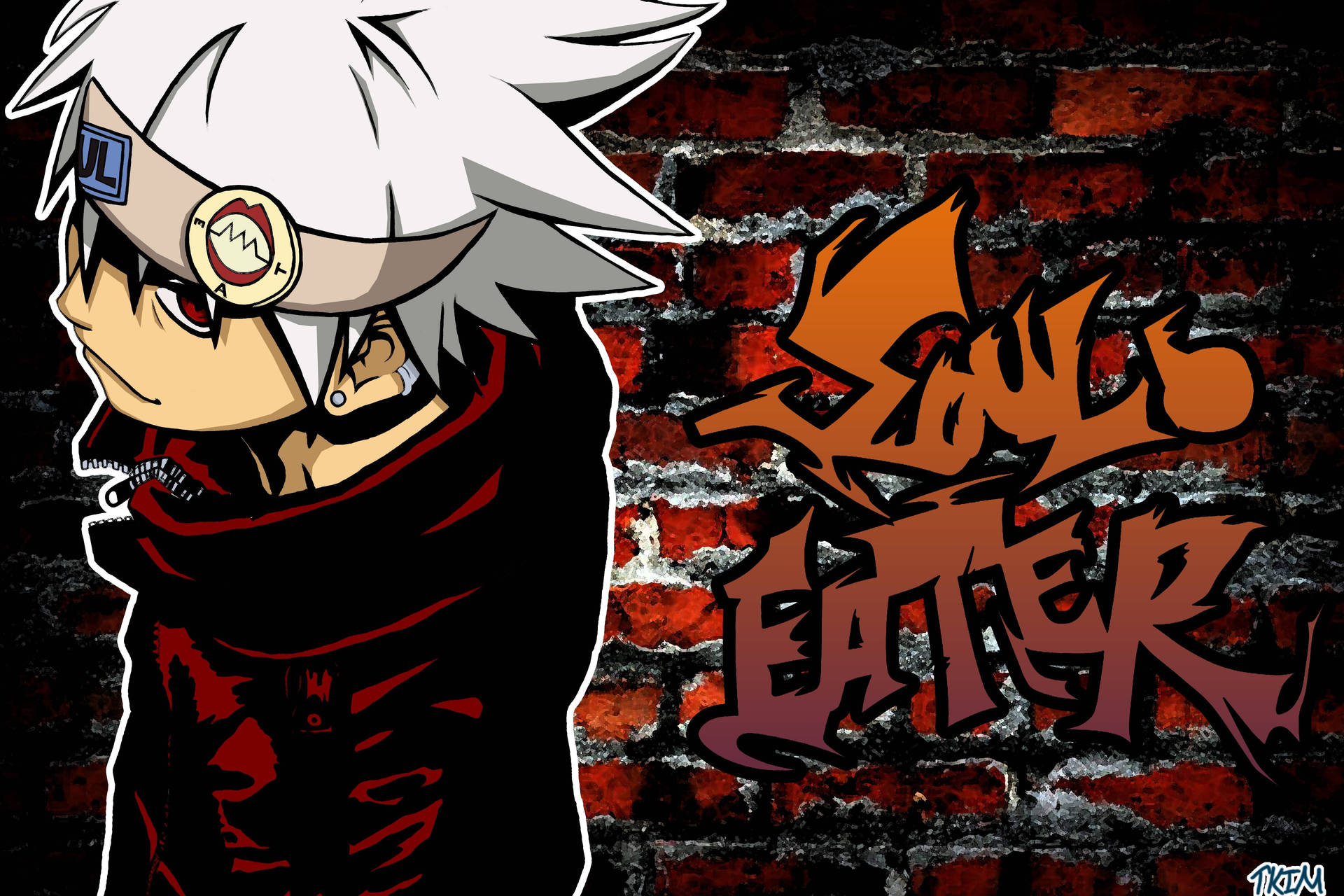 白髮紅眼動漫角色站在磚牆上「Soul Eater」塗鴉旁。