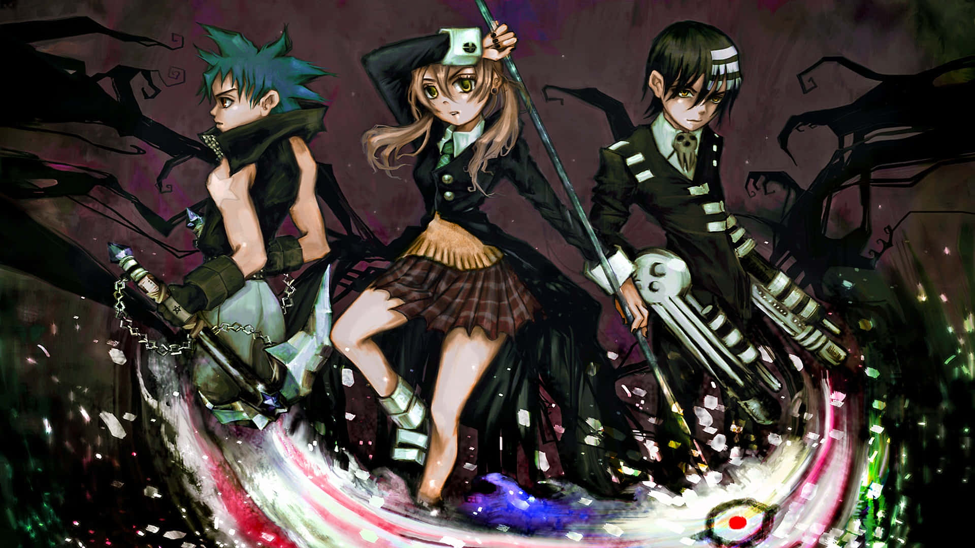 Soul Eater 三重手套組合背景 壁紙 — 三個身穿深色校服的動漫角色，手持武器，站在旋轉的宇宙漩渦背景前。