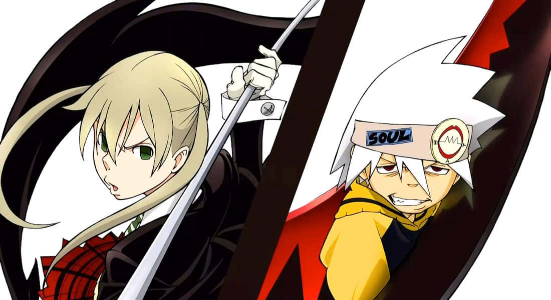 《Soul Eater》中的死神大人，死亡城的統治者 壁紙 — 兩個動漫角色在黑白背景上以劍交鋒，帶有紅色點綴。