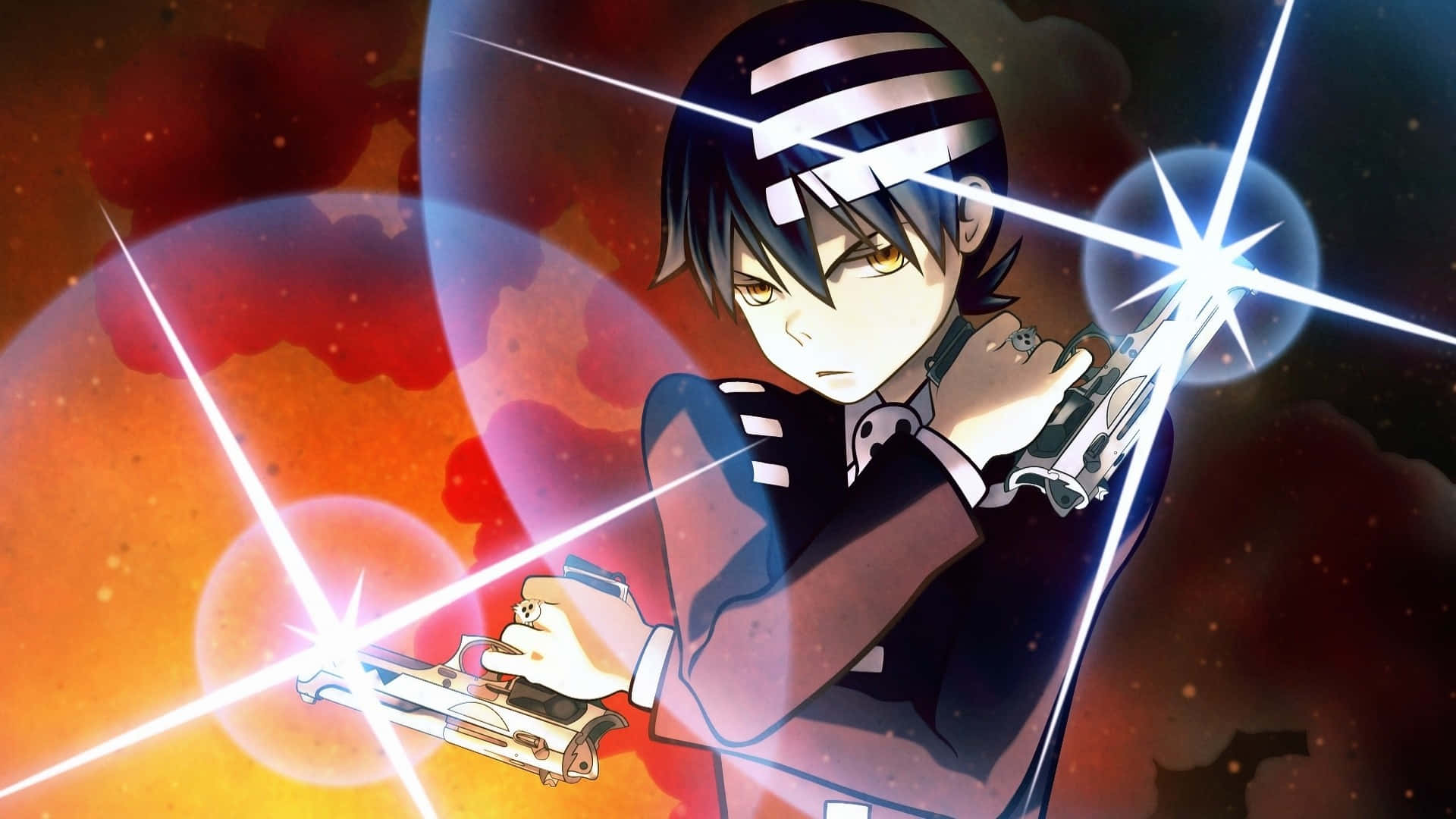 Soul Eater 主角死亡背景 壁紙 — 一個有條紋頭髮的動漫角色在帶有鏡頭光暈的熾熱宇宙背景下發射發光的手槍。