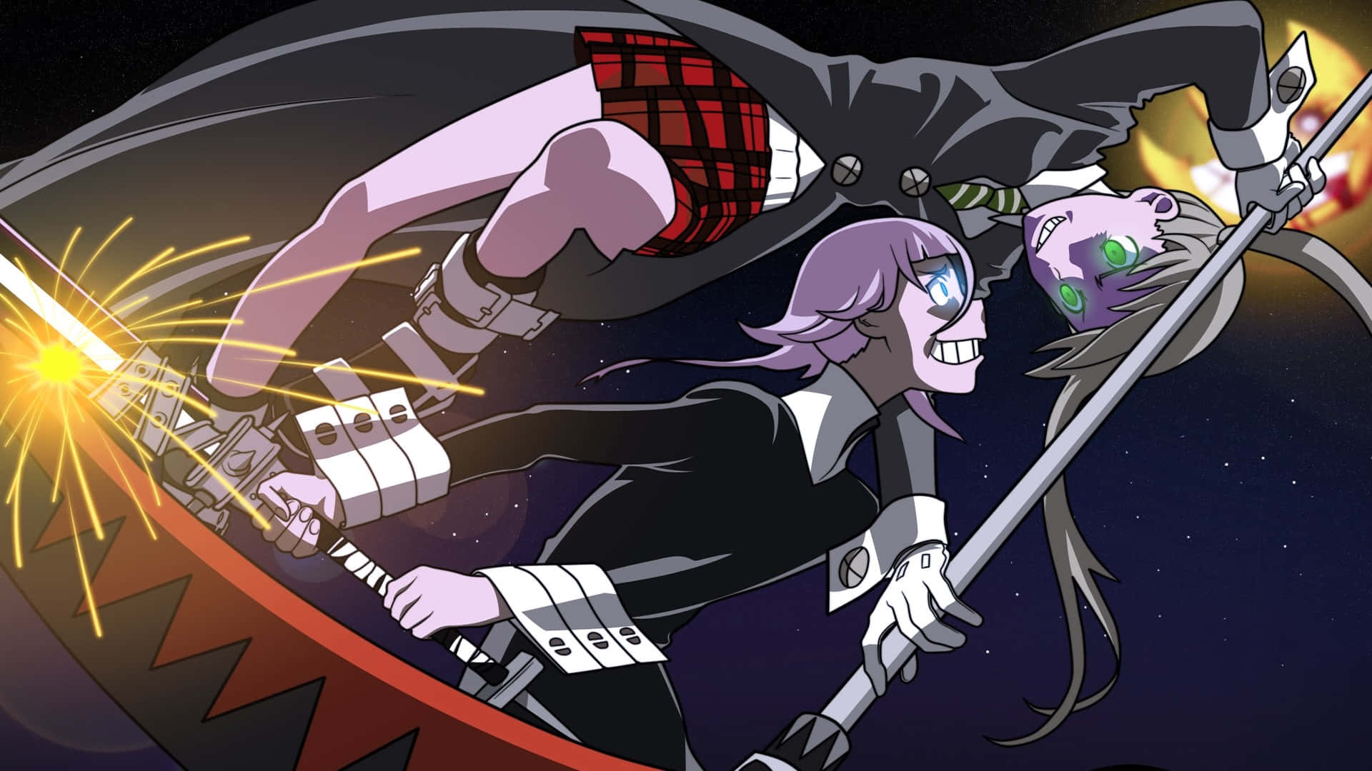 Soul Eater 克羅娜與馬卡對戰場景背景 壁紙 — 兩個動漫角色在太空中交鋒，劍刃在繁星宇宙背景下迸發火花。