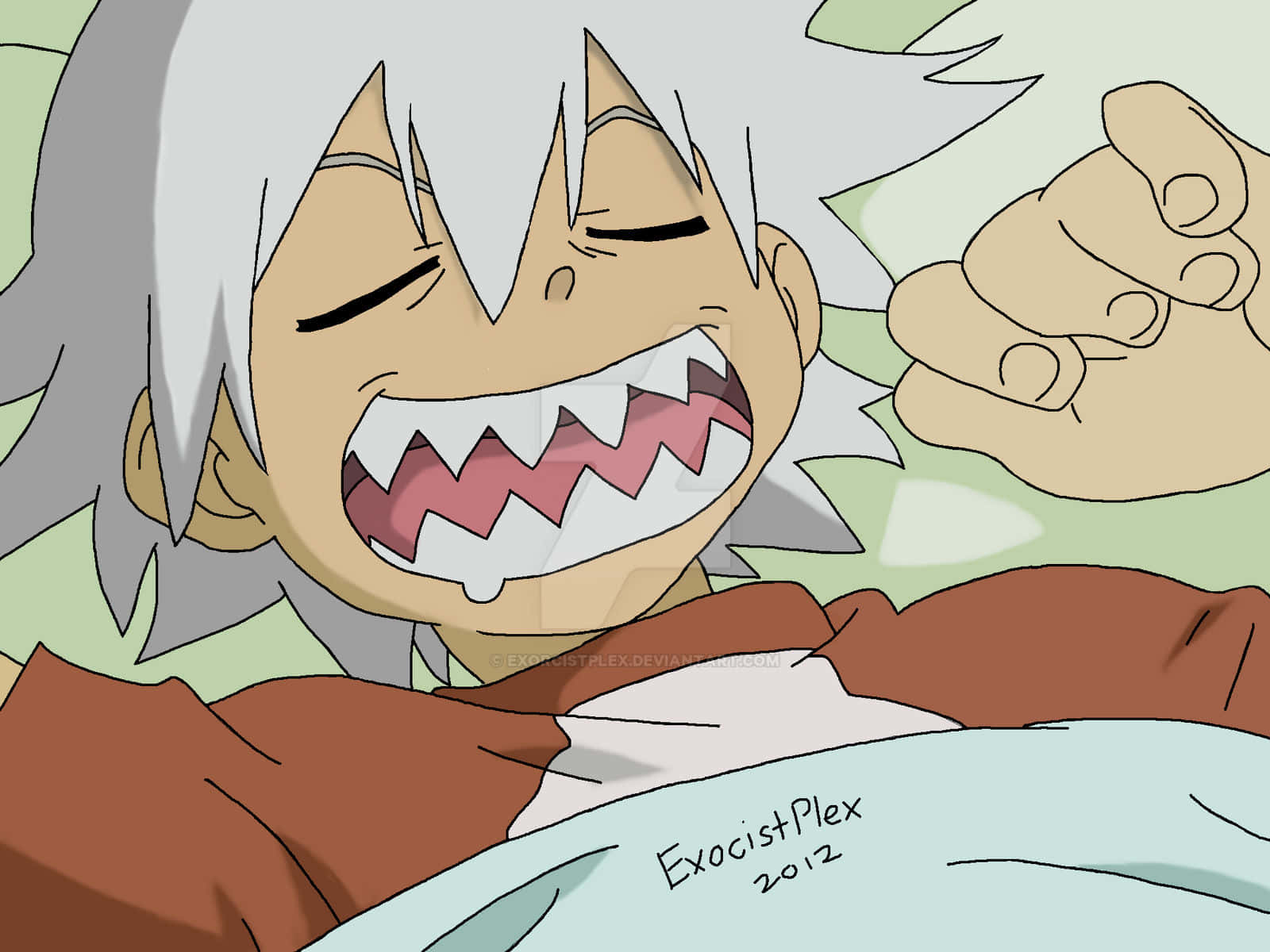 《Soul Eater》動漫角色神秘力量頭像 壁紙 — 一個白髮尖牙的動漫角色，以動態姿勢向前指，露出狂野的笑容。