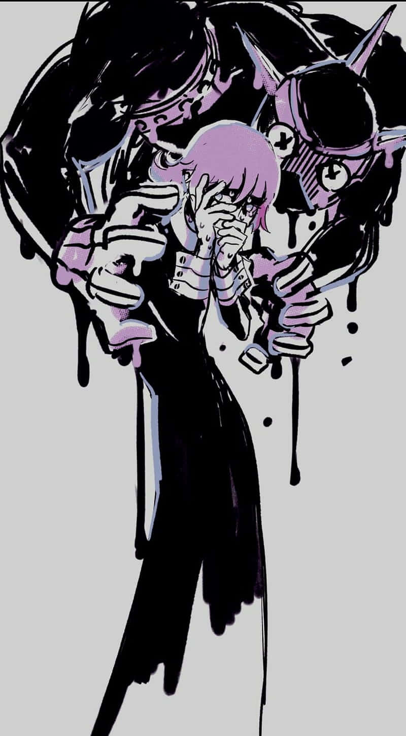 Soul Eater 原創插畫頭像：拉格納克安慰哭泣的克羅娜 壁紙 — 一個風格化的動漫女孩，紫色頭髮，被一個巨大的陰影人物擁抱，該人物有機械手臂和滴落的黑色墨水，背景為灰色。
