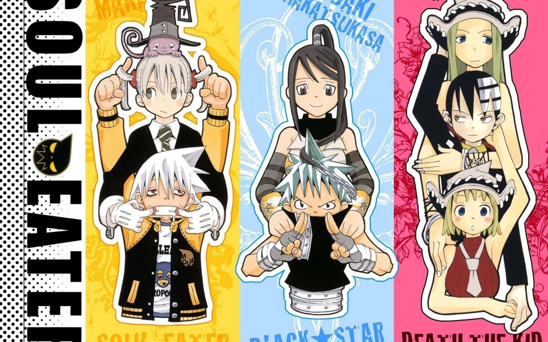 Soul Eater 可愛Q版動漫背景 壁紙 — 三張來自《噬魂師》Black Star 和 Death the Kid 的動畫角色海報，以粗體文字立於色彩繽紛的背景前。