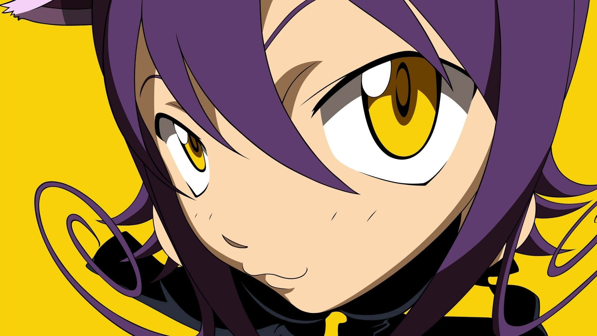 Soul Eater 可愛布萊爾動畫背景 壁紙 — 紫髮動漫少女特寫，黃色眼睛充滿力量，背景為鮮豔黃色。