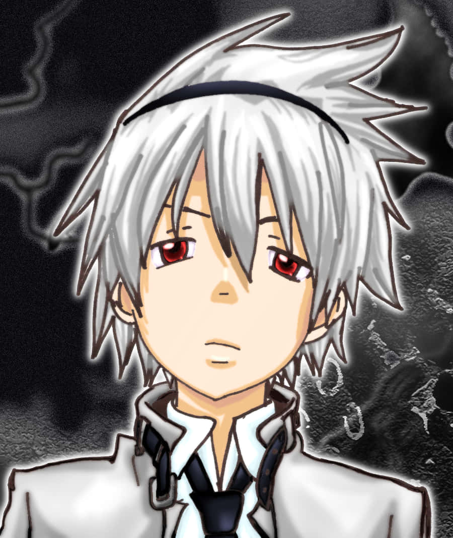 Soul Eater 壁紙：嚴肅版 壁紙 — 一個風格化的動漫男孩，有著尖刺的白髮和紅色的眼睛，在黑暗暴風雨的背景下向前凝視。