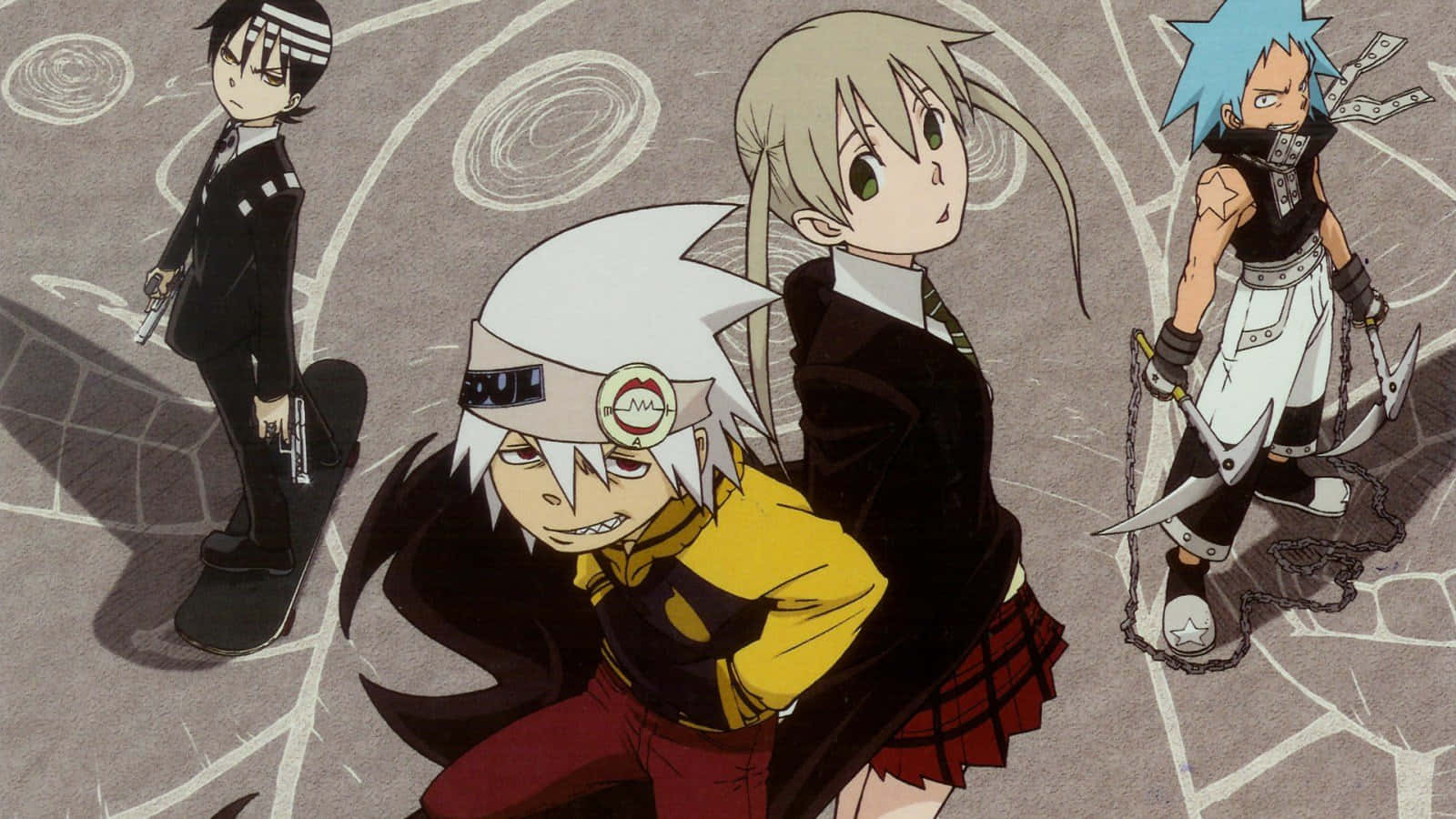 Soul Eater 壁紙：角色集錦 壁紙 — 四個擁有不同武器和服裝的動漫角色站在一個帶有旋轉白色圖案的裂縫地板上。