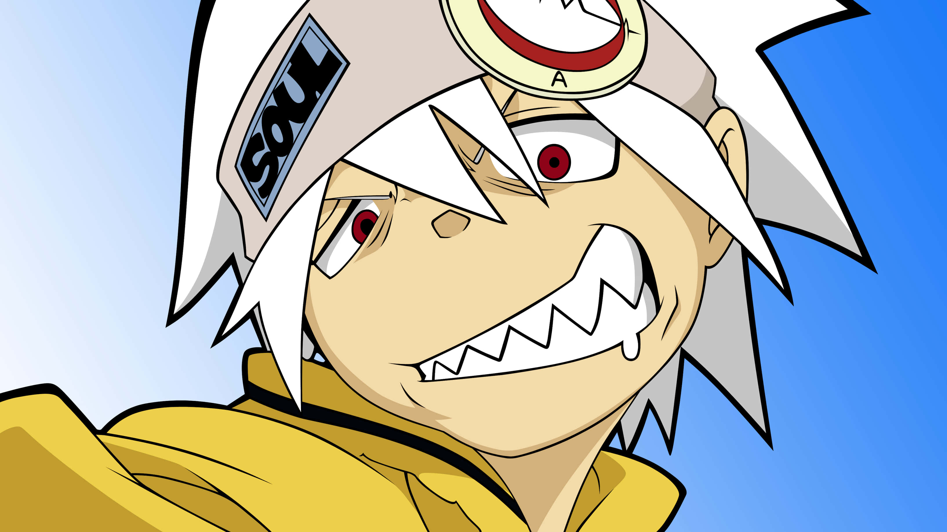 Soul Eater 壁紙：頭盔造型 壁紙 — 一個擁有白色尖刺頭髮和紅色眼睛的動漫角色，在明亮的藍天下兇狠地咧嘴笑著。