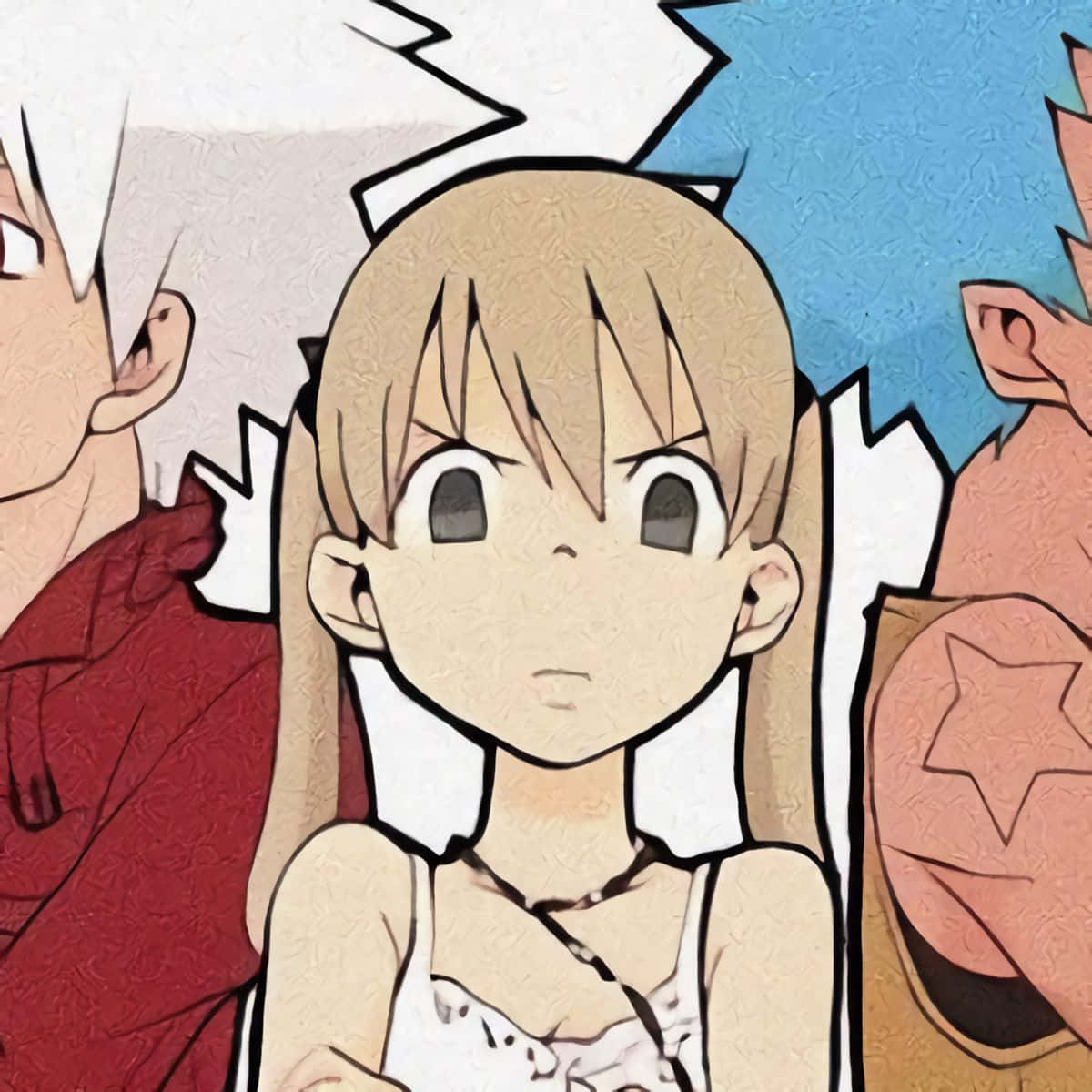 Soul Eater 壁紙：馬卡生氣版 壁紙 — 一個驚訝的金髮雙馬尾動漫女孩站在兩個有尖刺頭髮的角色之間，背景帶有紋理。