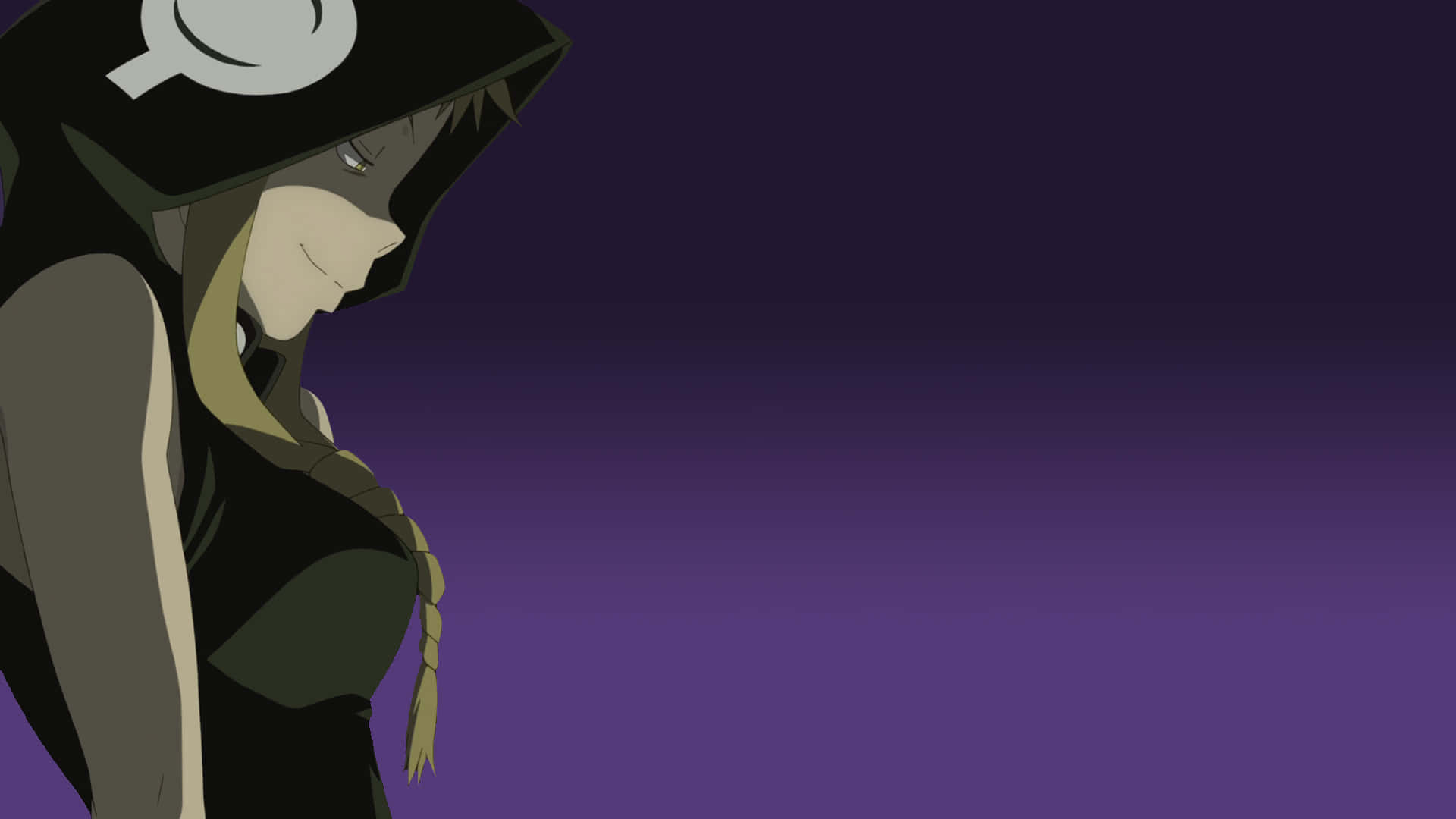 Soul Eater 悲傷美杜莎動畫背景 壁紙 — 一個孤獨的動漫女孩，穿著深色連帽斗篷，辮子向下凝視，背景為紫色漸變。