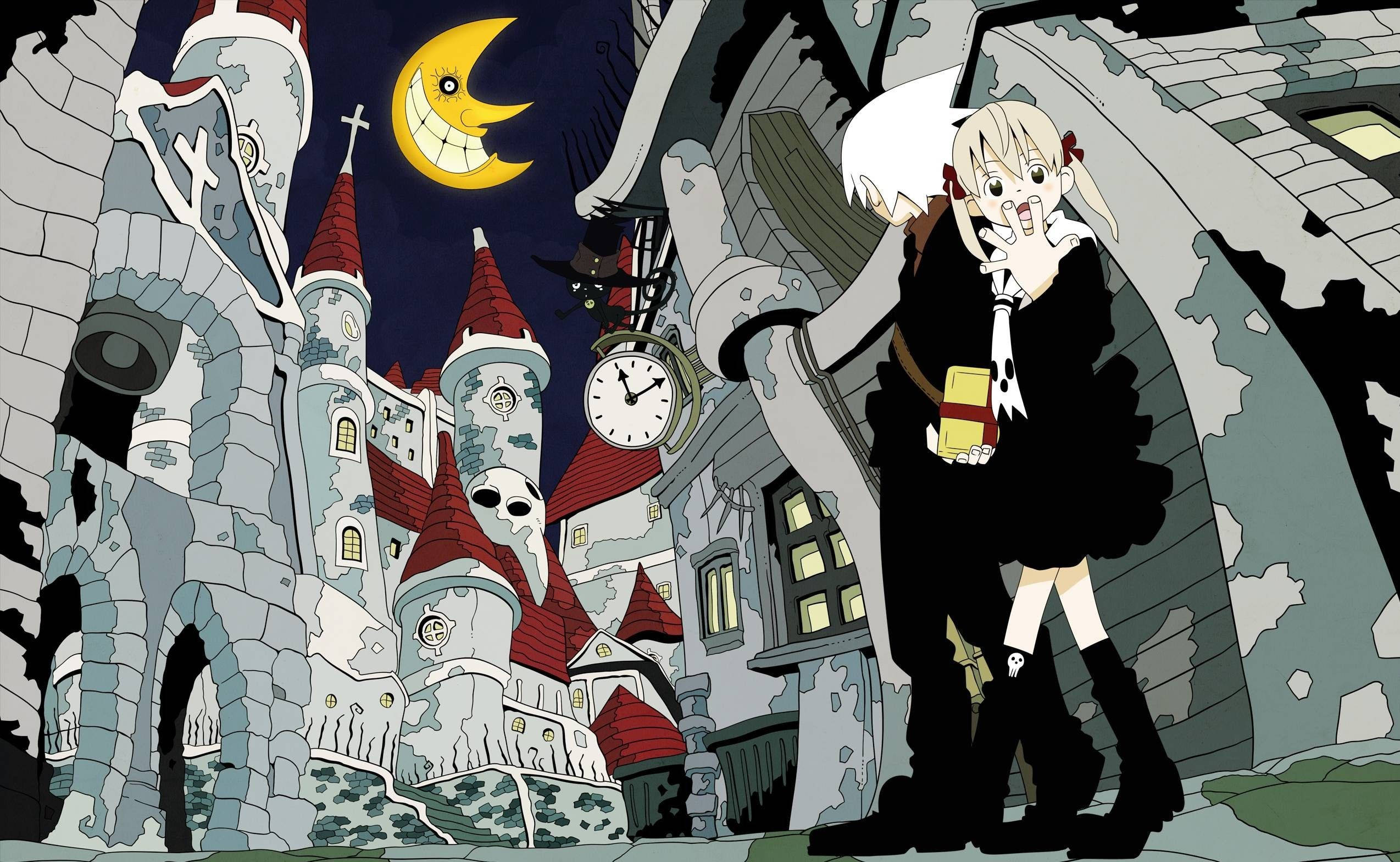 Soul Eater 月懸於教堂 壁紙 — 一個穿著黑色連衣裙的受驚動漫女孩，站在一個咧嘴笑的彎月下的恐怖城堡前。