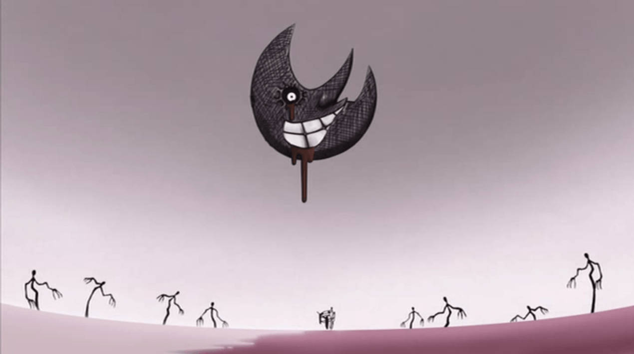 Soul Eater 月於枯林 壁紙 — 一個微笑的彎月，只有一隻眼睛和露齒笑容，漂浮在荒蕪的景觀上，上面有火柴人般的生物。