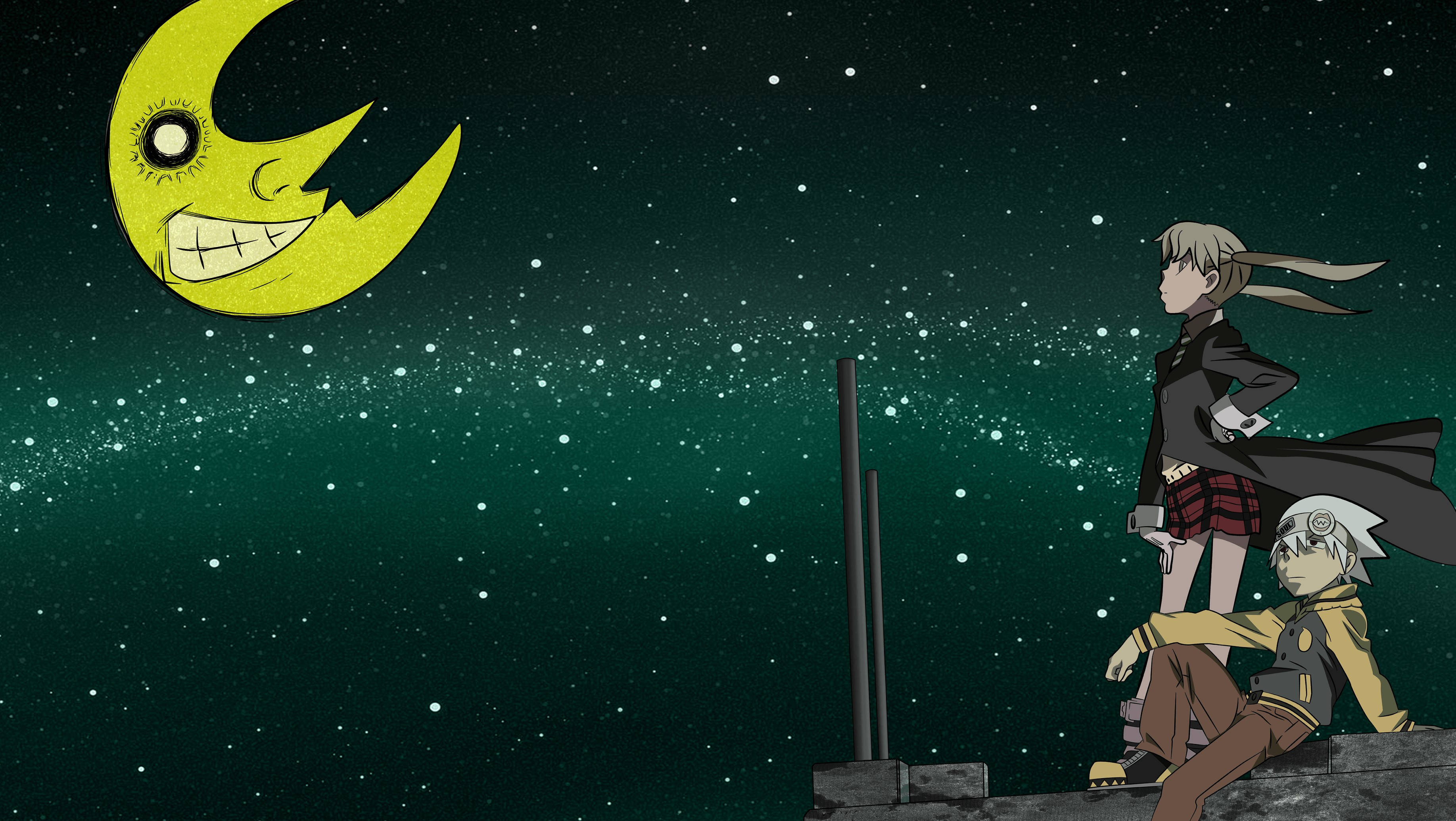 Soul Eater 月與伊萬斯與馬卡 壁紙 — 兩個動漫角色在繁星點點的綠色夜空下仰望微笑的彎月。
