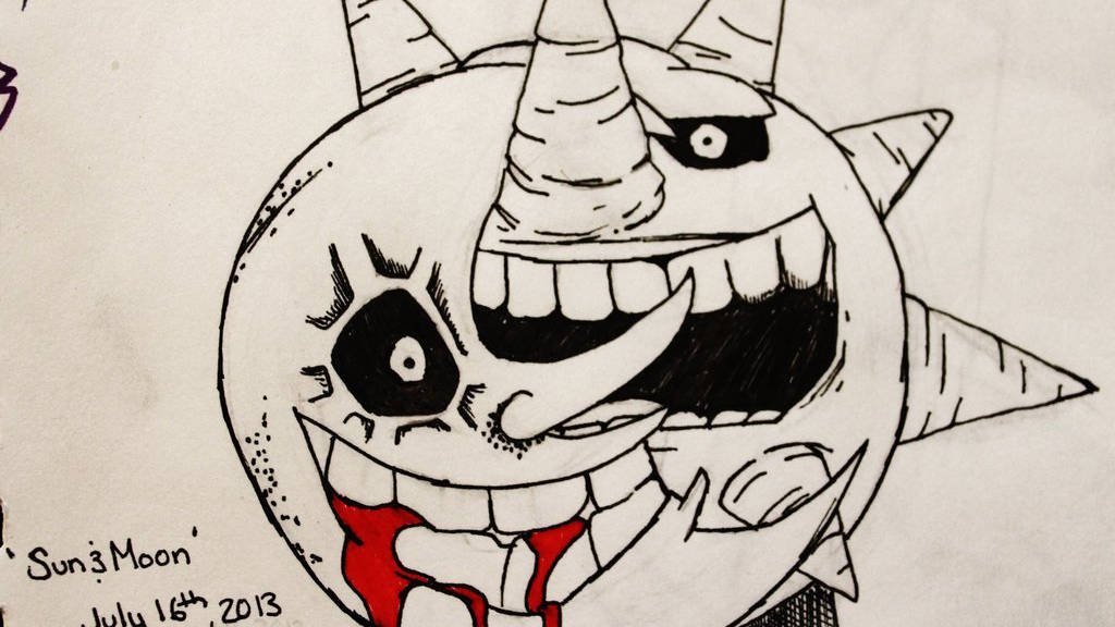 Soul Eater 月與太陽 壁紙 — 一個帶有尖牙和角的威脅性卡通月亮在橫線紙上從嘴裡滴下紅色液體。
