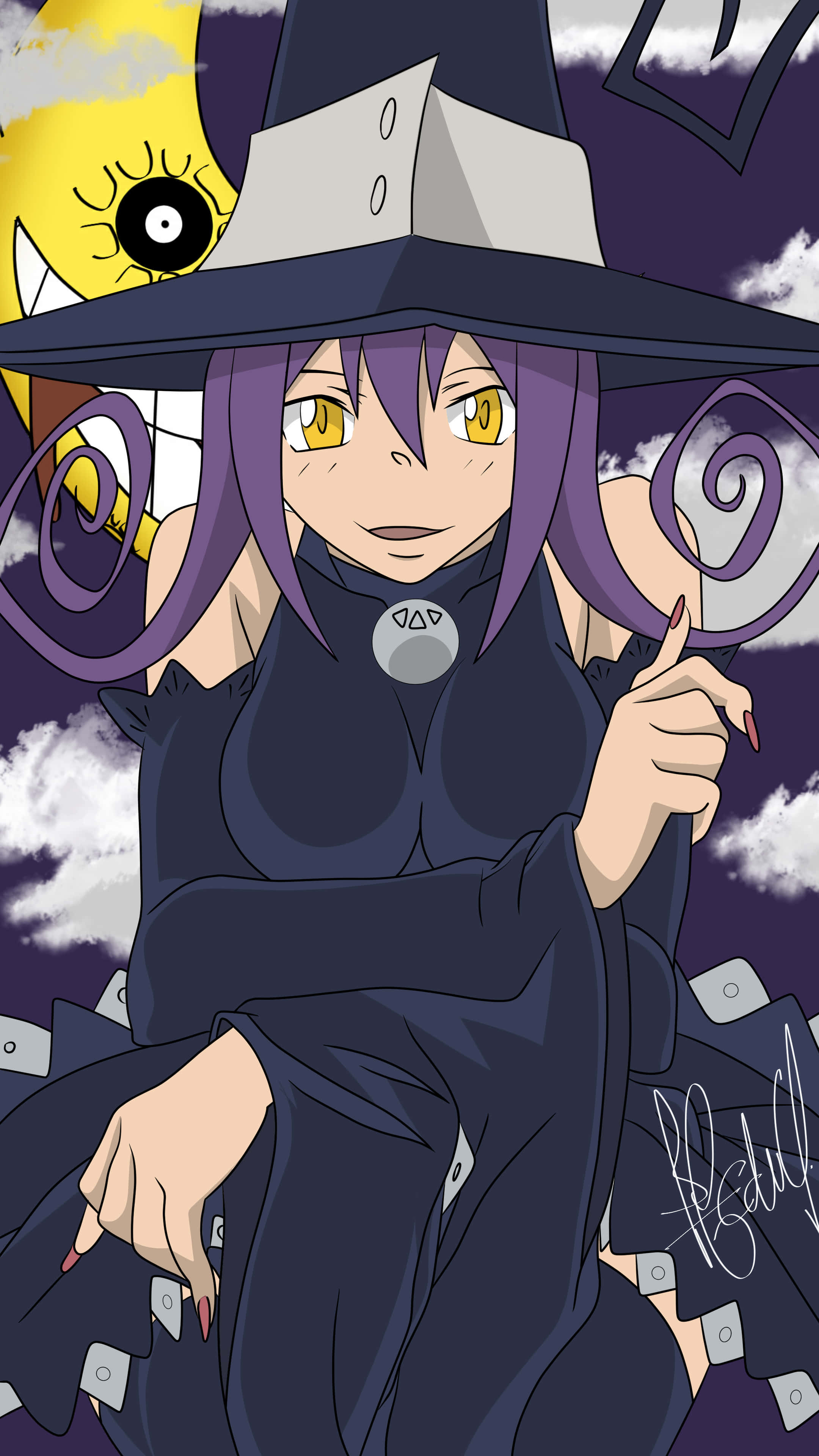 《Soul Eater》——武器魔導士學院 壁紙 — 一位自信的動漫女巫，紫色頭髮，黃色眼睛，在暴風雨的天空下向前指，背景有微笑的太陽和漂浮的卡片。