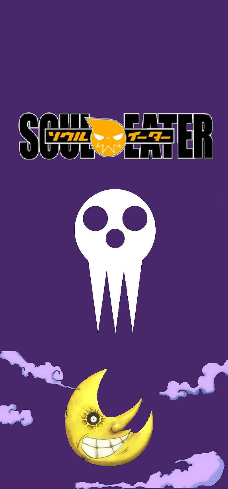 Soul Eater動畫標誌，帶有骷髏頭和微笑月亮，背景為紫色。