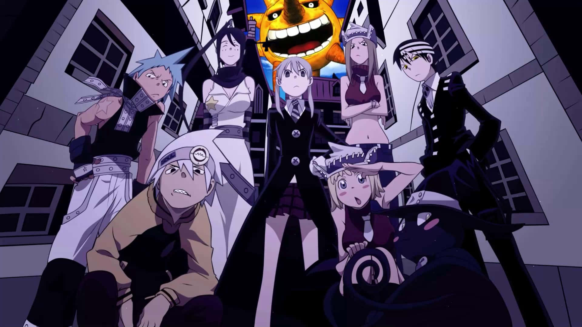 Soul Eater 蘇打隊背景 壁紙 — 一群動漫角色在黑暗的城市小巷中，背景有一個巨大的咧嘴笑的太陽。