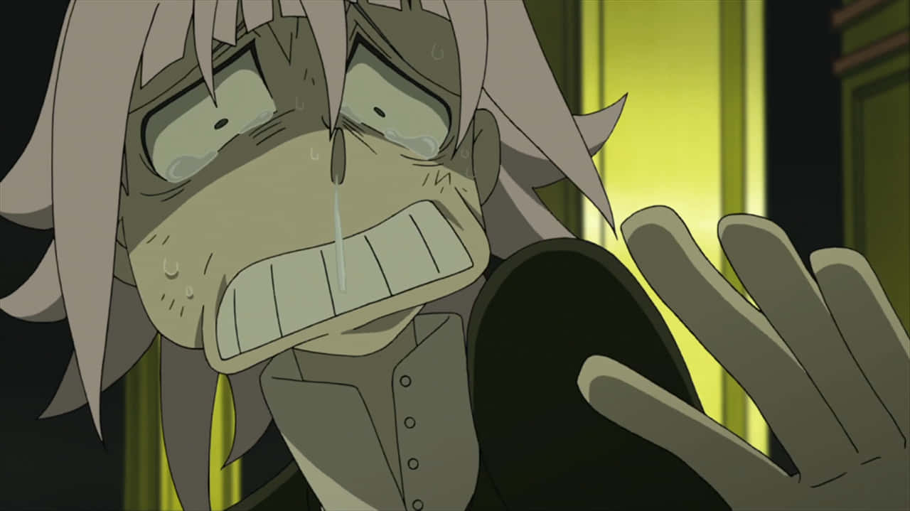 《Soul Eater》角色厭惡表情頭像 壁紙 — 一個擁有蒼白頭髮的動漫角色，帶著驚恐的表情哭泣，同時伸出戴著手套的手。