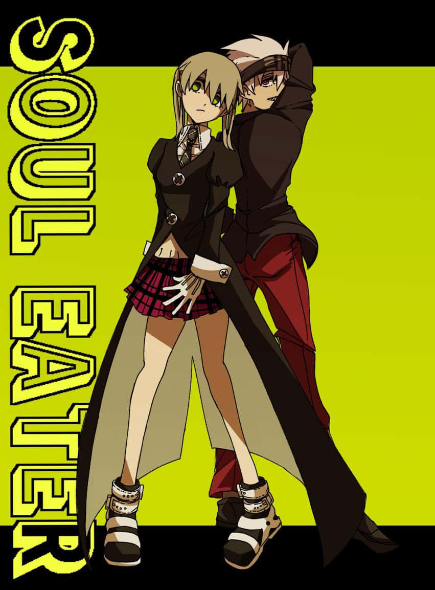Soul Eater 角色時尚造型頭像 壁紙 — 兩個穿著校服的動漫角色站在明亮的青檸綠色背景前，配以粗體黃色文字。