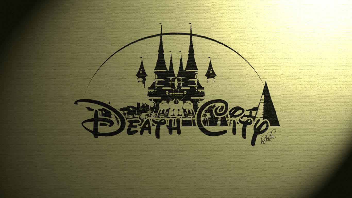風格化黑色城堡和文字 Death City 在紋理金色背景上。