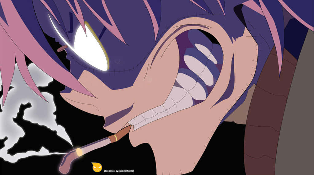 Soul Eater 頭像：弗蘭肯斯坦博士 壁紙 — 一個紫色頭髮、發光眼睛的動漫角色特寫，在黑暗背景中叼著煙冷笑。