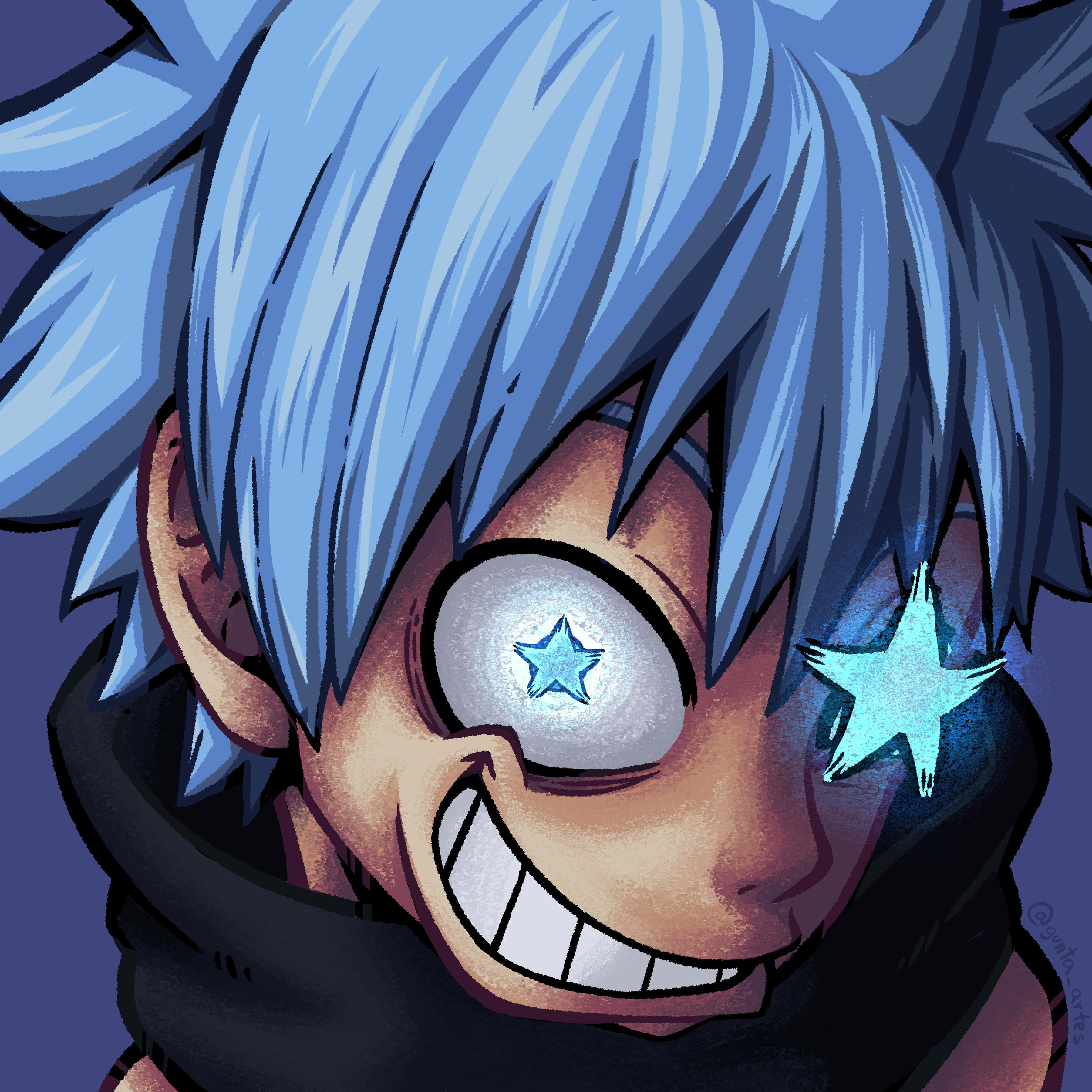 Soul Eater 頭像：星眼黑星 壁紙 — 一個開心的動漫角色，擁有尖刺的藍色頭髮和閃爍的星星眼睛，在深藍色背景上咧嘴大笑。