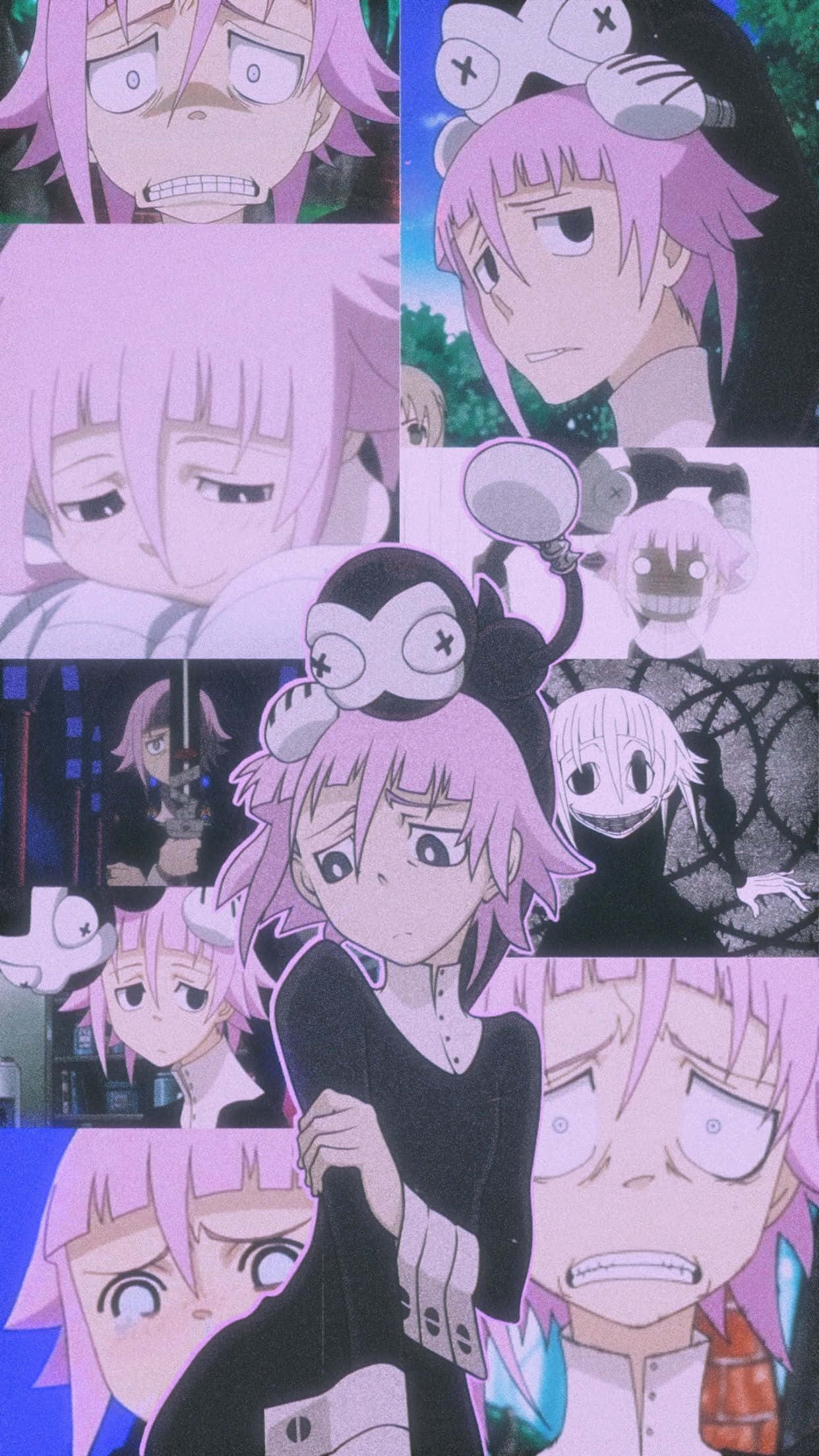 Soul Eater 頭像：粉紅風情克羅娜 壁紙 — 一幅充滿活力的動漫拼貼畫，包含多個粉紅色頭髮角色在不同情緒狀態下的表情特寫。