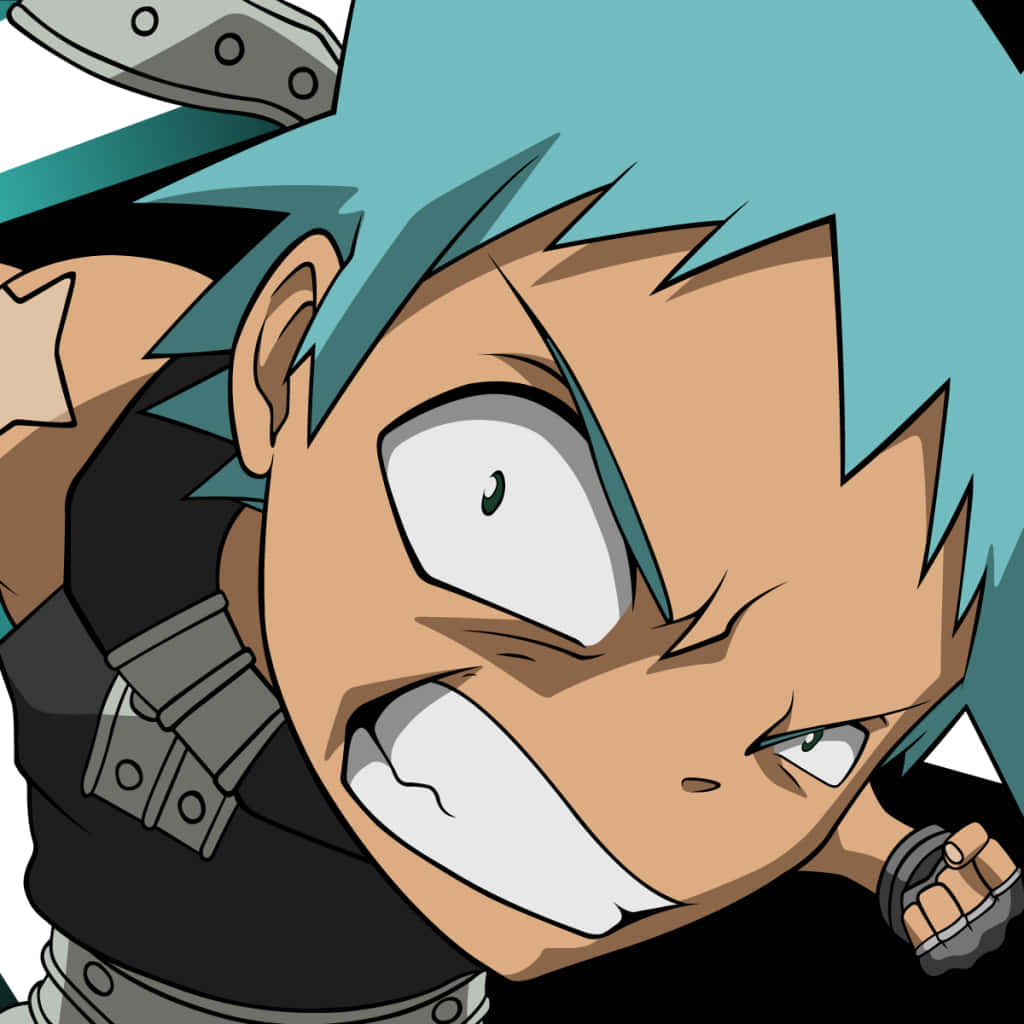 Soul Eater 頭像：黑星 壁紙 — 一個動漫角色，擁有尖刺的藍色頭髮和堅定的表情，穿著黑色盔甲並握緊拳頭。