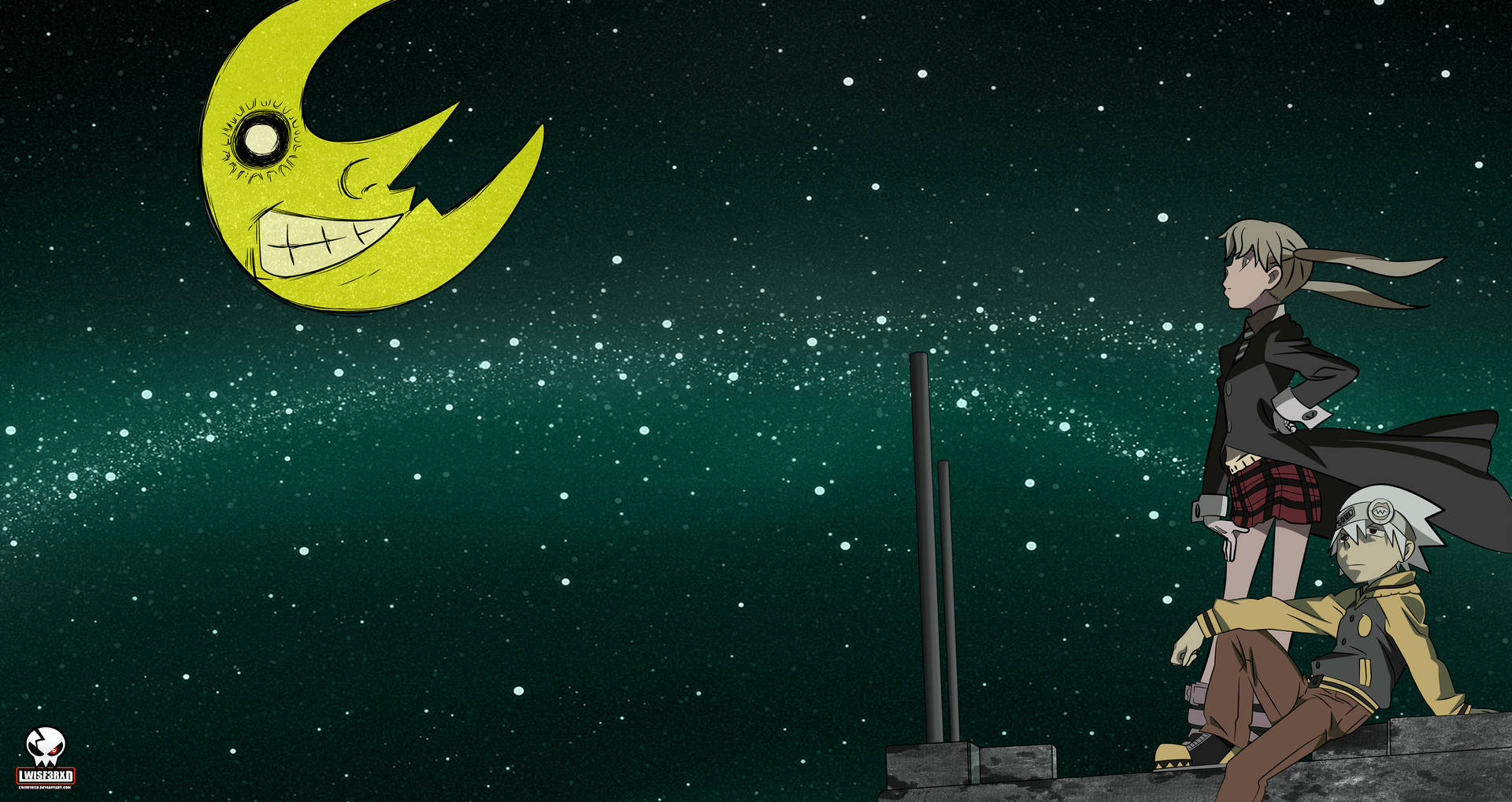 兩個動漫角色仰望繁星夜空中的微笑彎月。