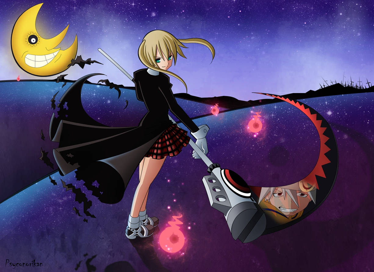 Soul Eater月與Maka Albarn 壁紙 — 一位金髮動漫女孩穿著黑色外套和格子裙，在繁星點點的紫色天空中揮舞著一把巨劍對著微笑的彎月。