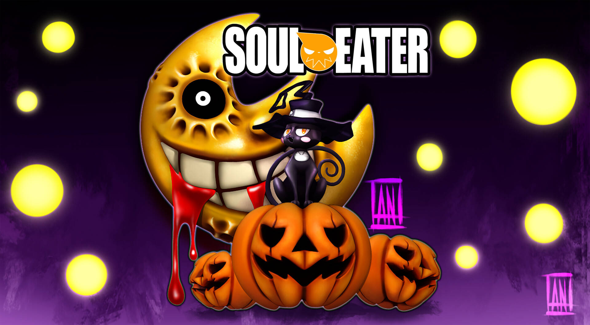 Soul Eater月萬聖節藝術 壁紙 — 一個卡通女巫棲息在南瓜燈上，面前是一個咧嘴笑的彎月，滴著紅色液體，背景是紫色天空和發光球體。