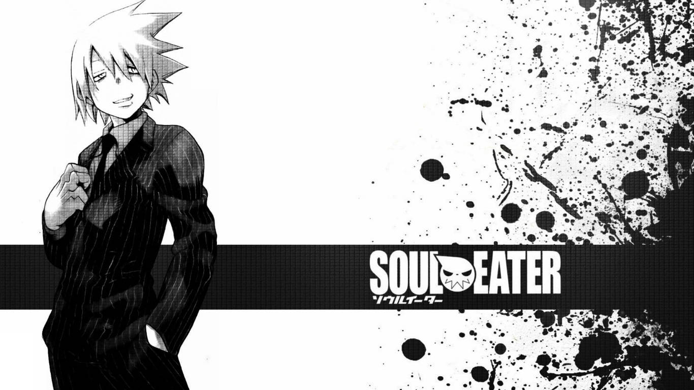 來自Soul Eater的黑白動漫角色，帶有濺墨背景。
