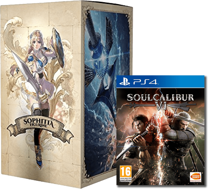 《SoulCalibur VI》PS4 收藏版盒裝 壁紙 — PS4 Soulcalibur VI 遊戲盒旁邊係一個Sophitia人偶珍藏版，帶有華麗包裝同奇幻藝術品。