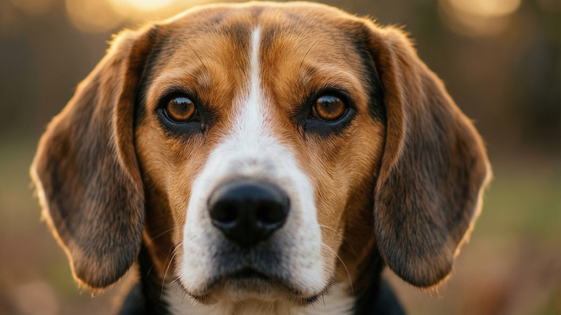 一隻比高犬，有棕色眼睛同垂耳，喺金色戶外環境中直視鏡頭。
