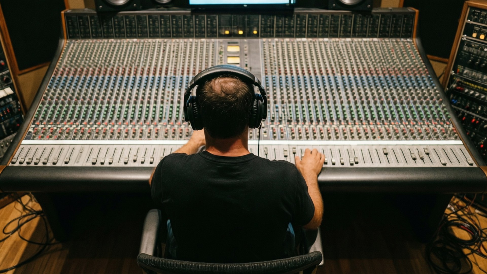 Studio Session 壁紙 — 一位戴著耳機的音響工程師正在專業錄音室的大型混音控制台上調整推子。