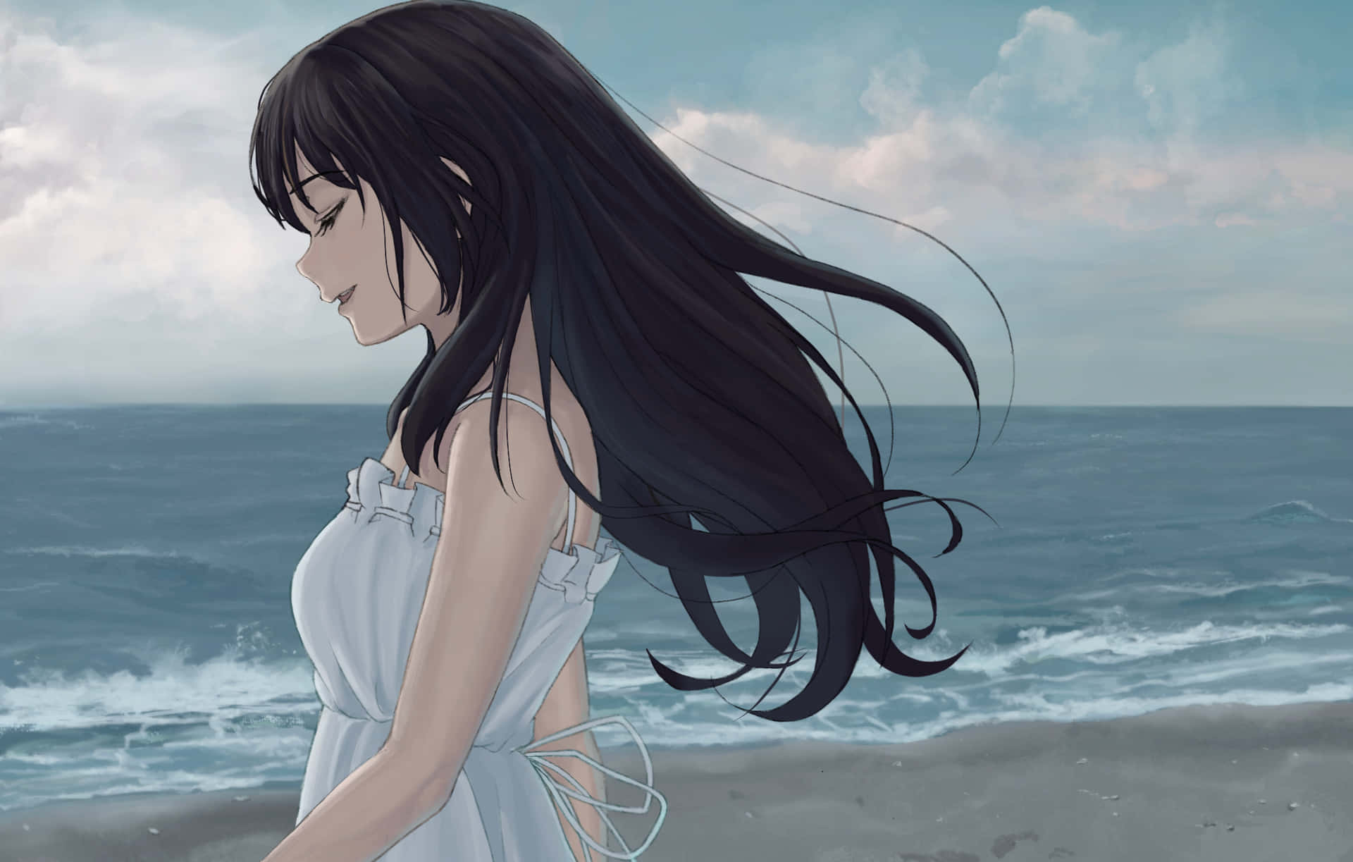 長黑髮的動漫女孩站在有海浪的沙灘上