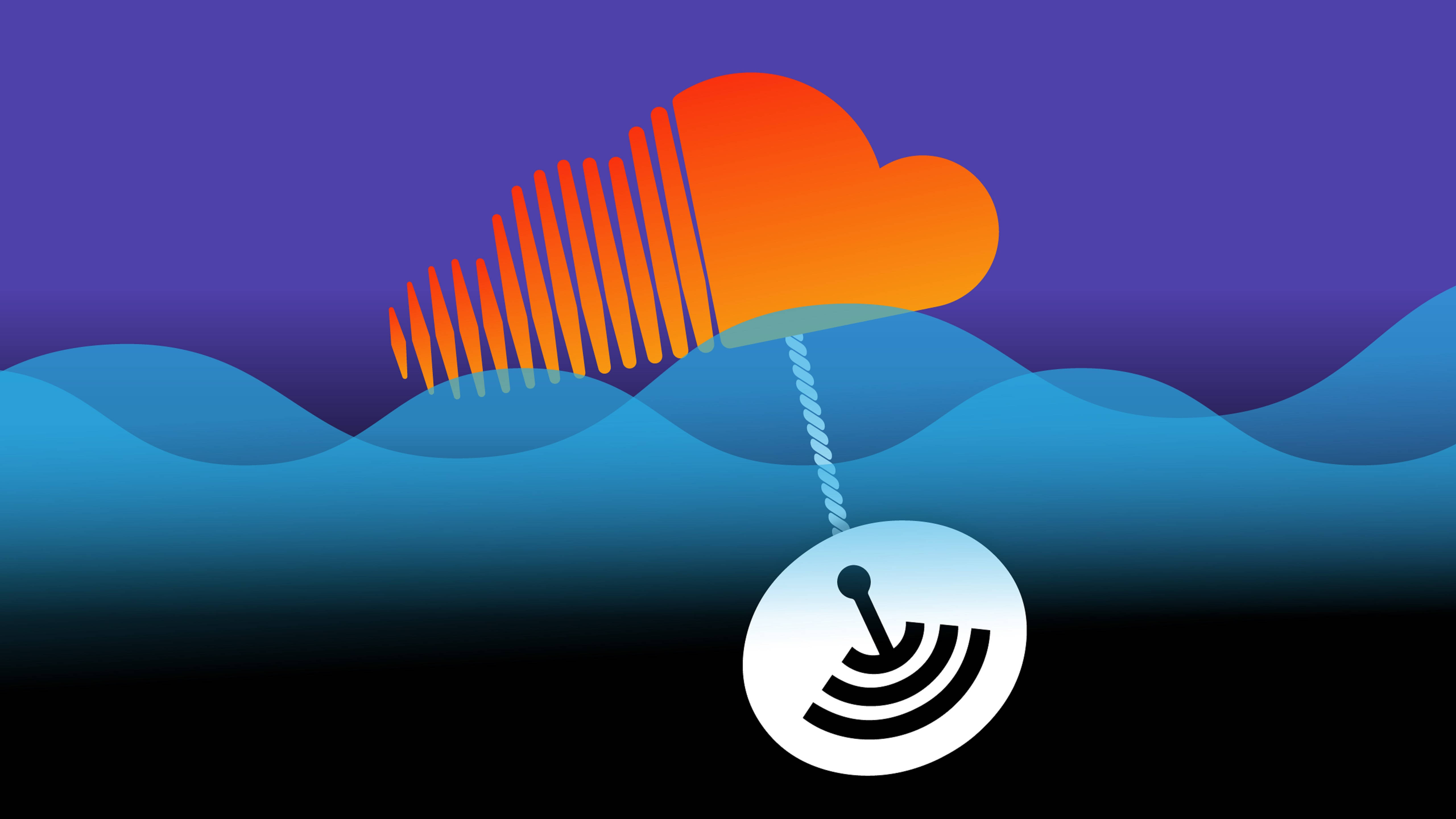 SoundCloud 與 Anchor 音樂播客 壁紙 — 一個帶有聲波的風格化橙色雲朵降入藍色波浪中，用繩子拉著一個Wi-Fi符號，背景是紫色天空。