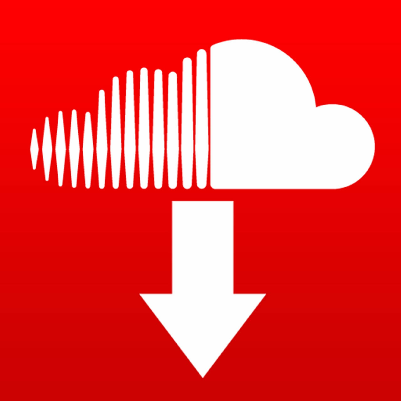 SoundCloud 音樂串流 壁紙 — 一個大膽的白色雲端圖標，帶有聲波和向下箭頭，背景為鮮紅色。