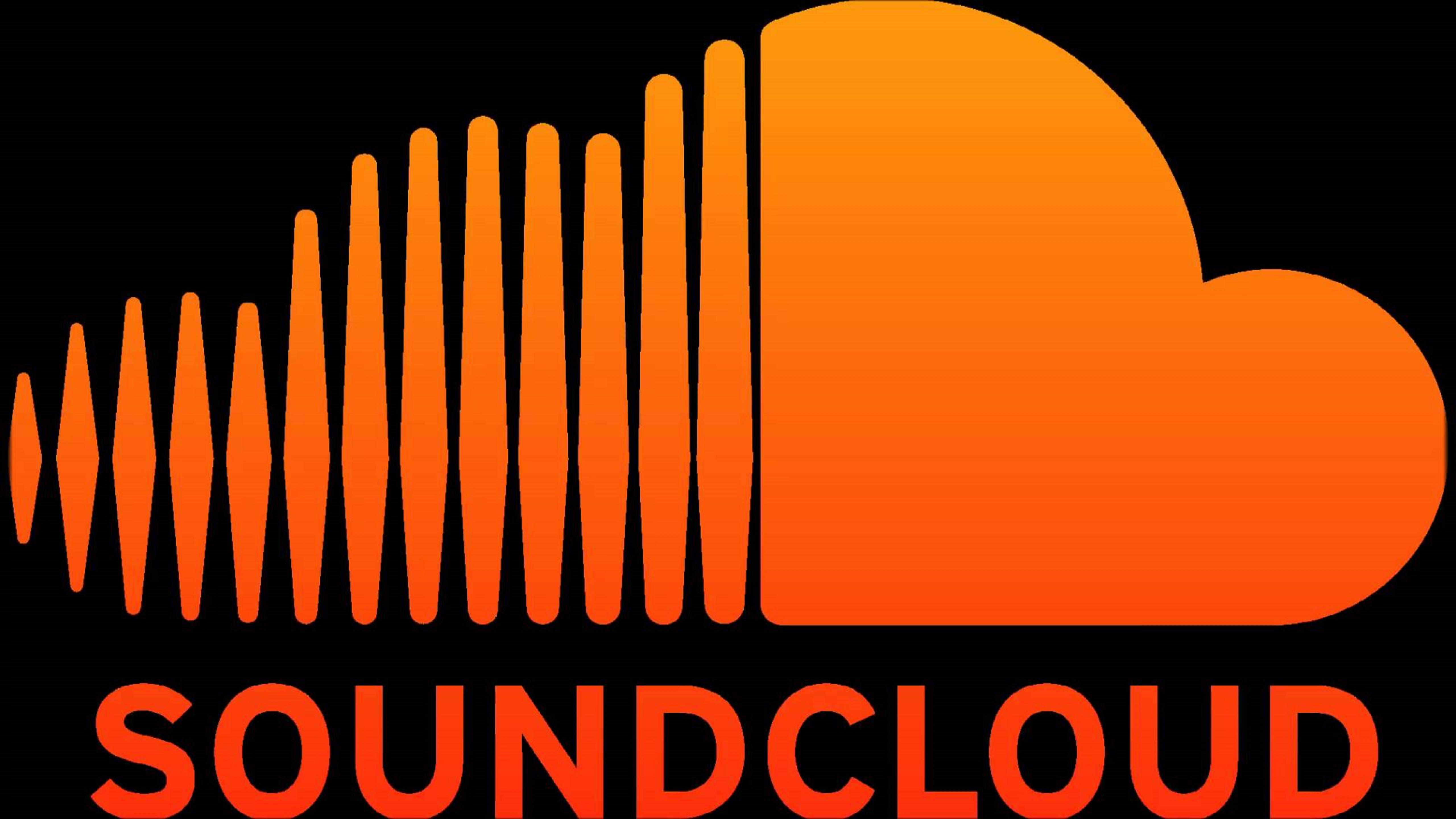 SoundCloud 音樂分發平台 壁紙 — 一個大膽的橙色SoundCloud標誌，帶有波形條和雲朵形狀，背景為黑色。
