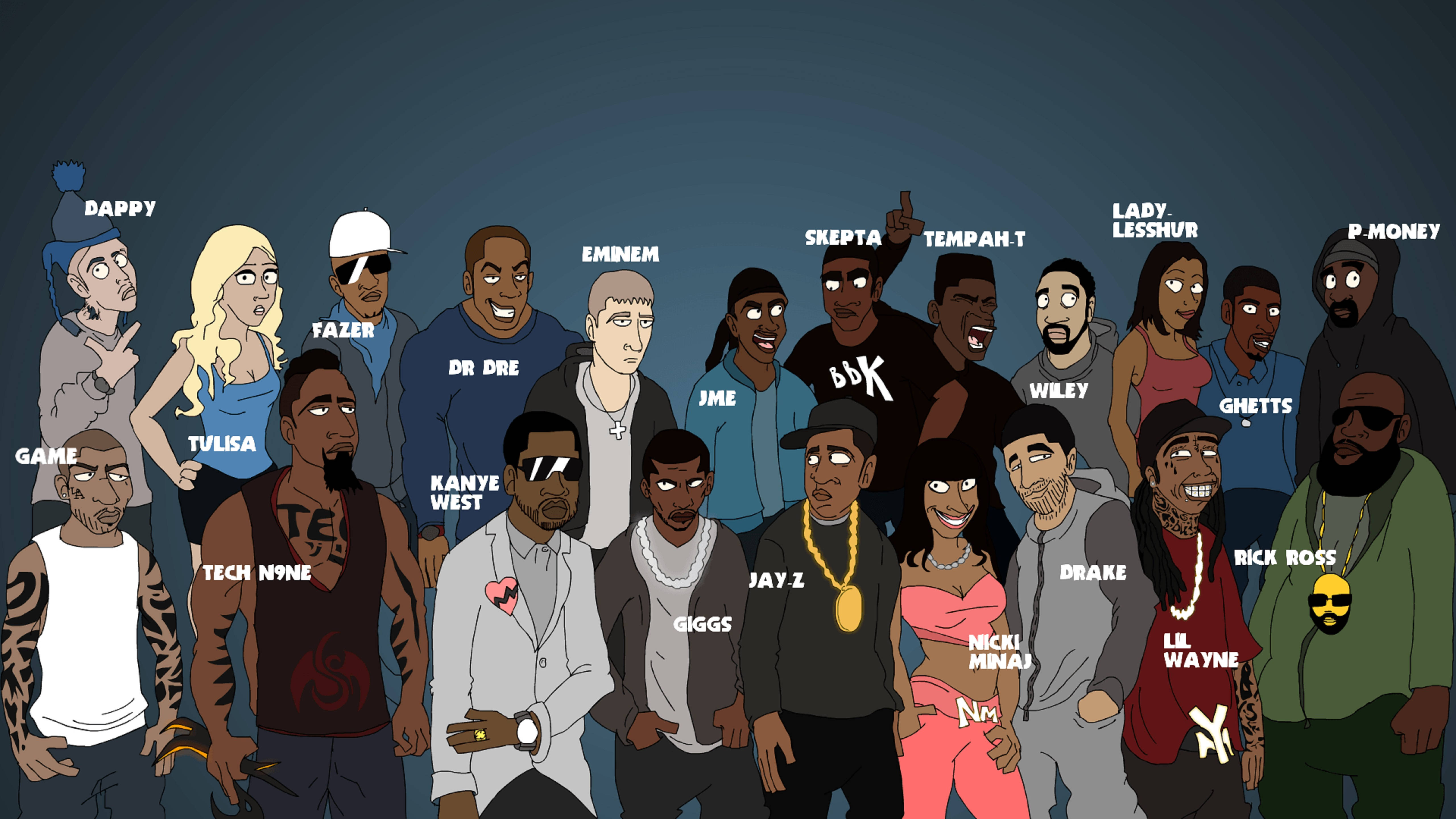SoundCloud 音樂饒舌歌手藝術 壁紙 — 卡通插圖，描繪著名饒舌歌手如Eminem和Drake在黑暗背景中並肩而立。